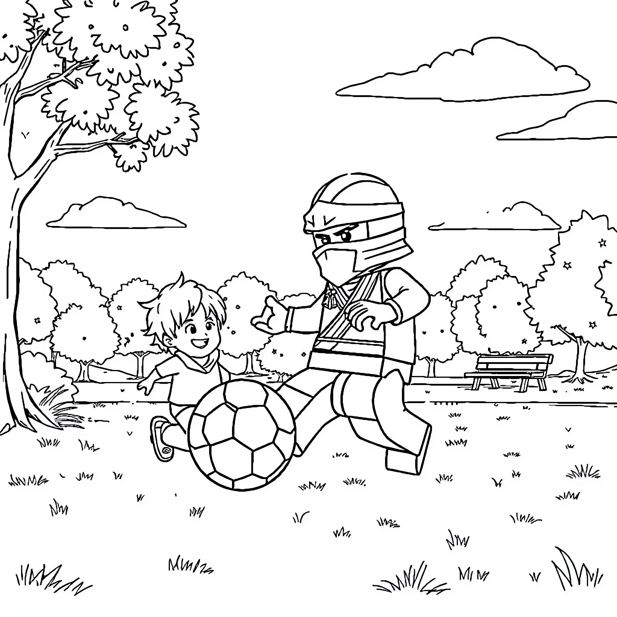 Zane playing soccer happily in the park Coloring Page (free black-and-white line drawing printable PDF for all, from beginners to advanced learners, including children, teens, adults, and seniors)