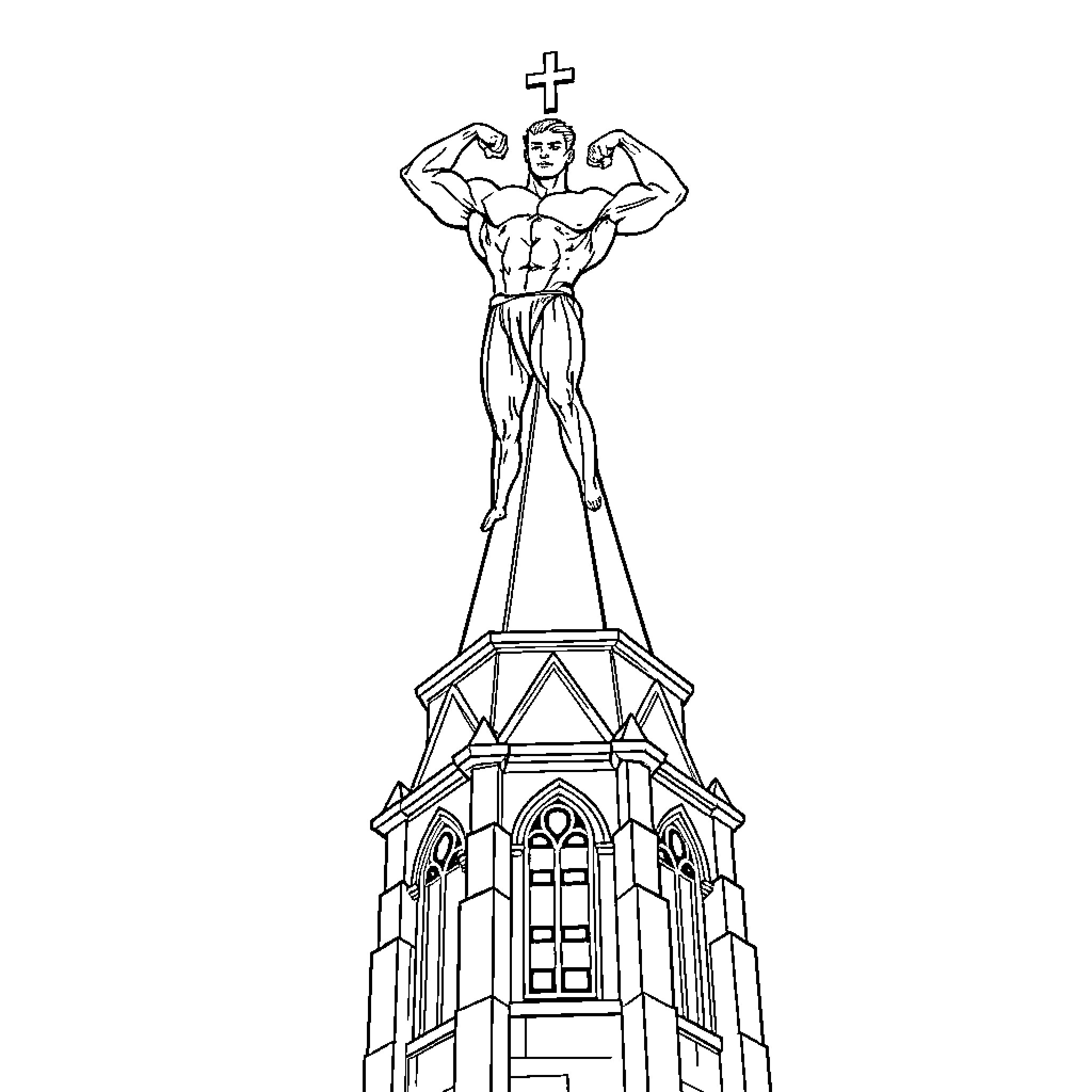 Bodybuilding figure atop church-like tower Coloring Page (free black-and-white line drawing printable PDF for all, from beginners to advanced learners, including children, teens, adults, and seniors)