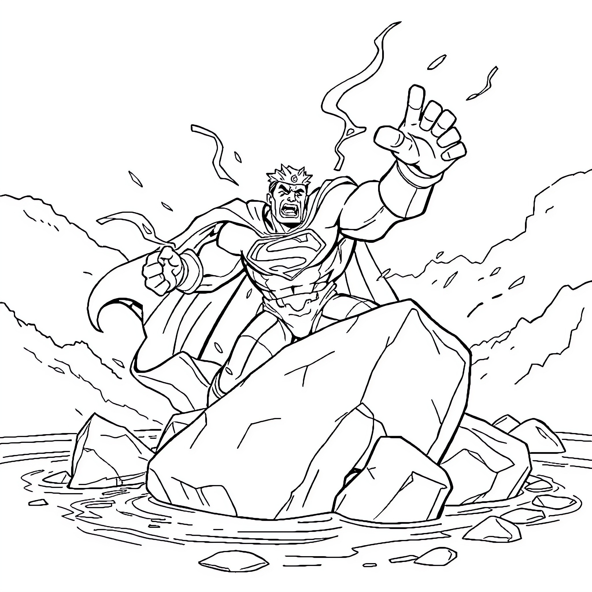 Superman breaks through rocky terrain in action pose Coloring Page (free black-and-white line drawing printable PDF for all, from beginners to advanced learners, including children, teens, adults, and seniors)