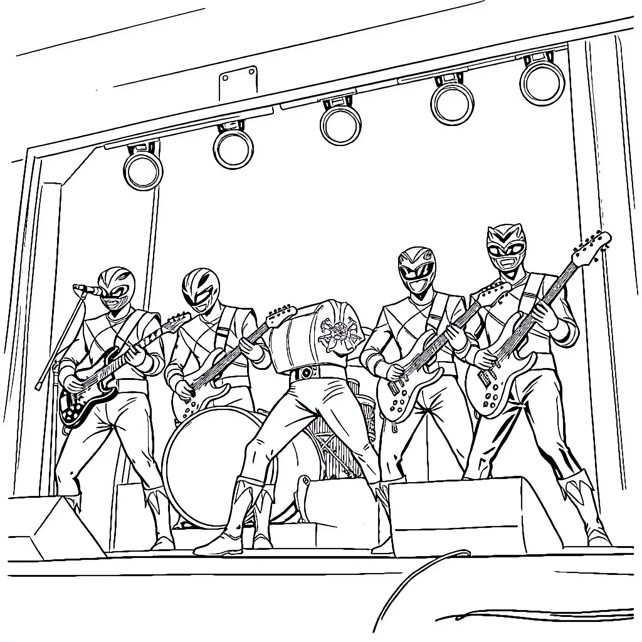 Power Rangers Rock Band Performing on Stage Coloring Page (free black-and-white line drawing printable PDF for all, from beginners to advanced learners, including children, teens, adults, and seniors)