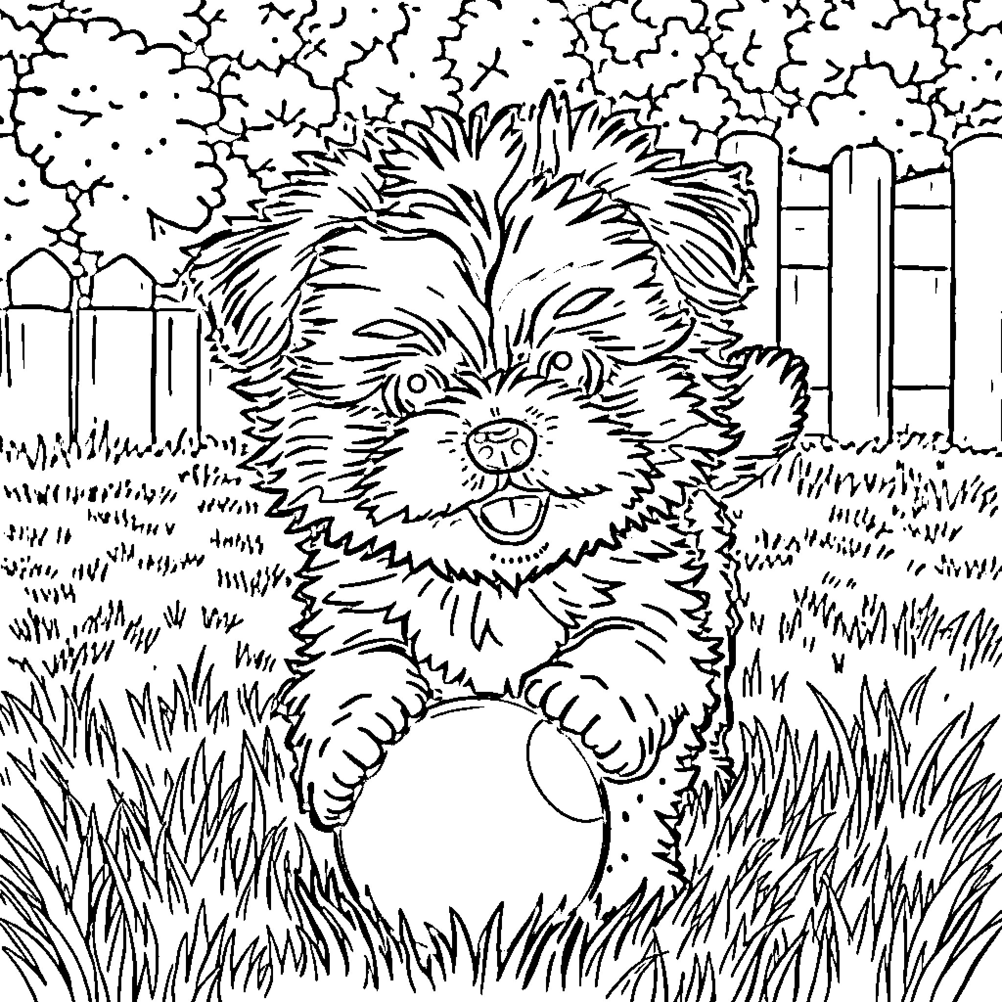 Multipoo puppy frolicking in the yard Coloring Page (free black-and-white line drawing printable PDF for all, from beginners to advanced learners, including children, teens, adults, and seniors)