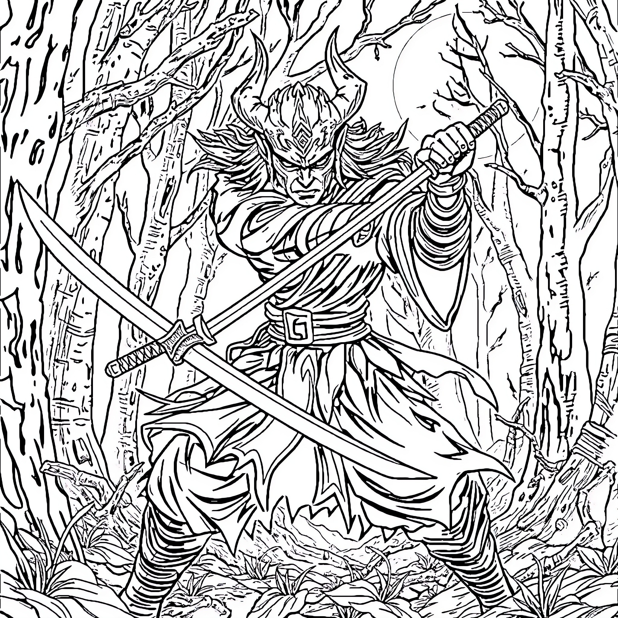 Demon Slayer Warrior Fights with Sword in the Forest Coloring Page (free black-and-white line drawing printable PDF for all, from beginners to advanced learners, including children, teens, adults, and seniors)
