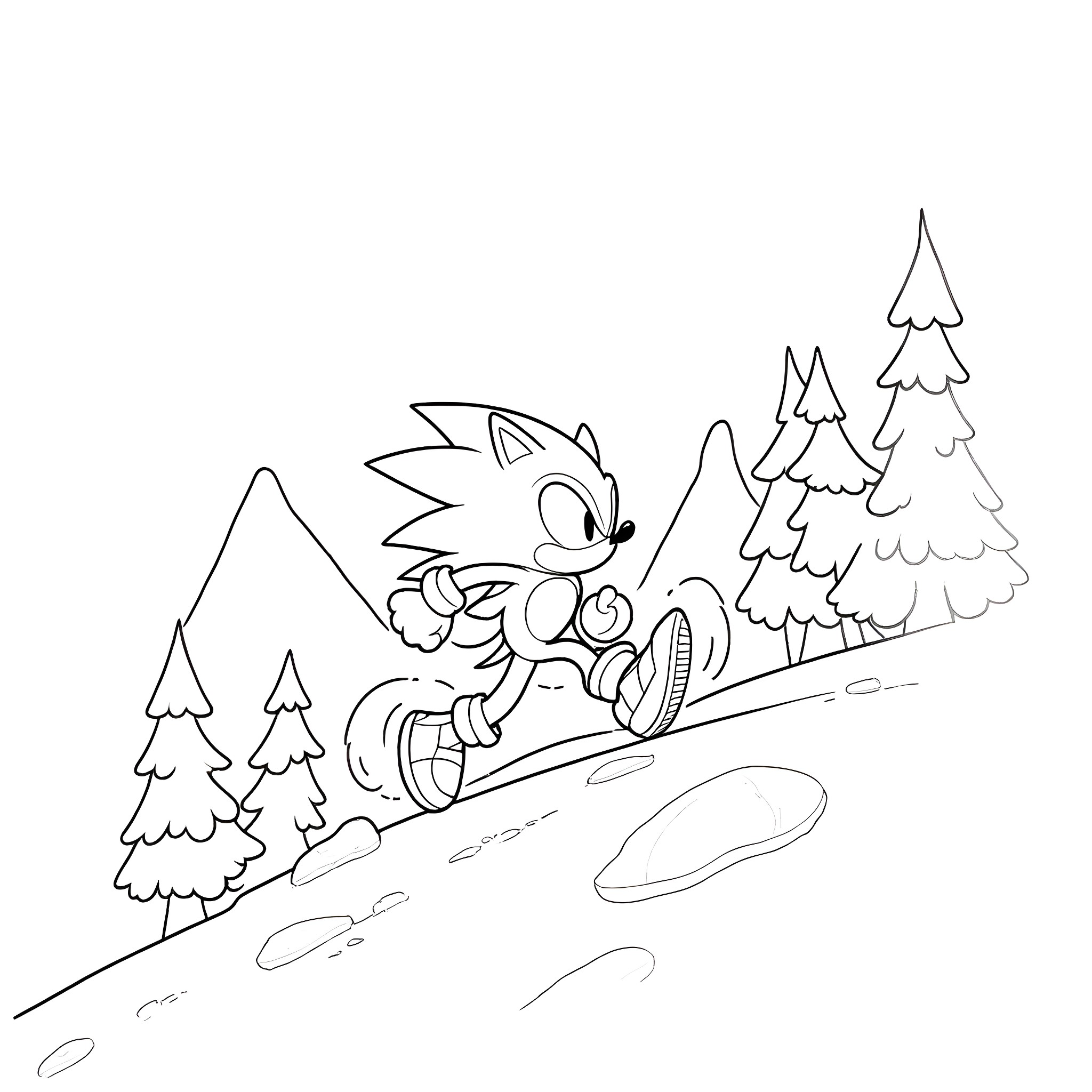 Sonic racing through a snowy forest Coloring Page (free black-and-white line drawing printable PDF for all, from beginners to advanced learners, including children, teens, adults, and seniors)