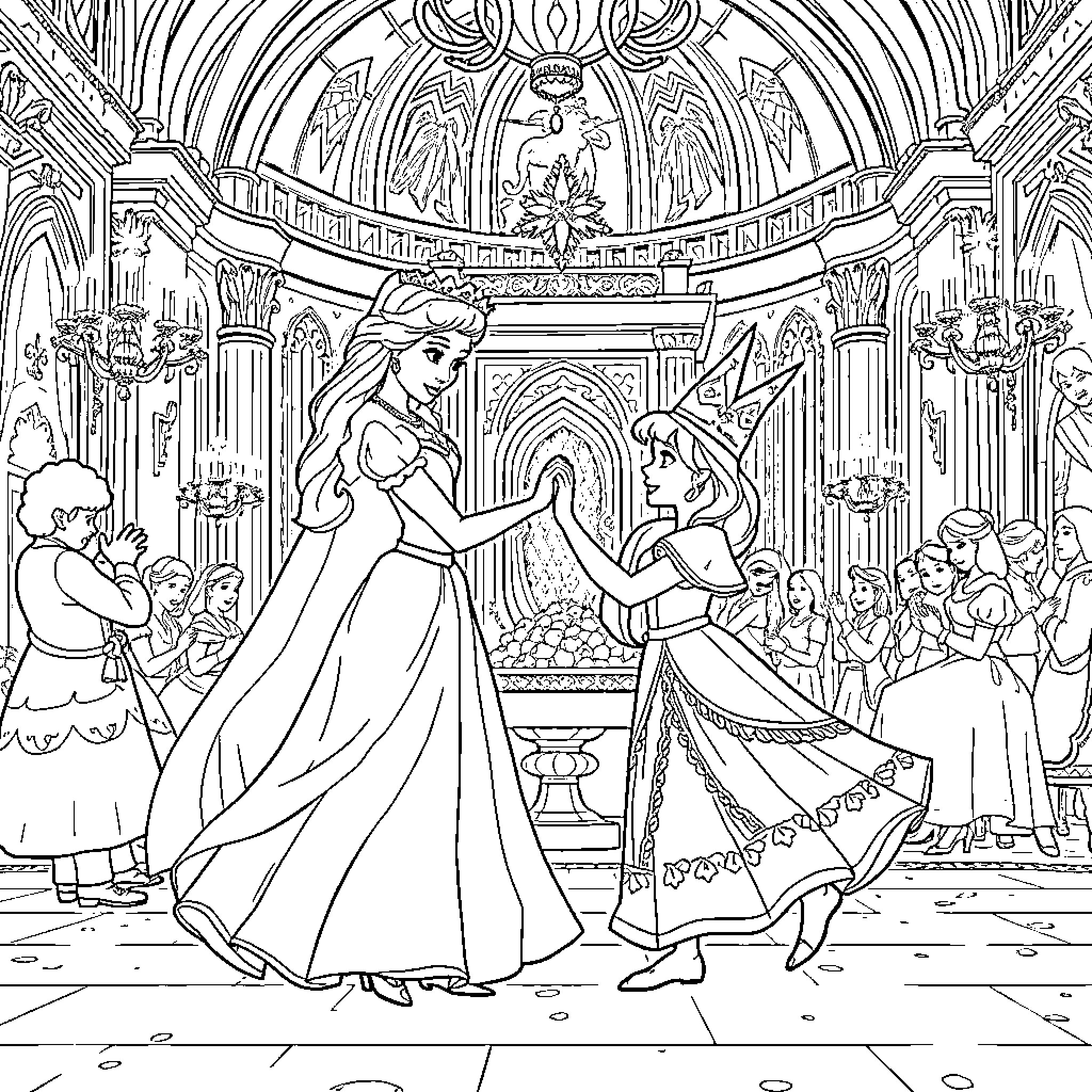 Queen and Princess dancing joyfully in a grand ballroom Coloring Page (free black-and-white line drawing printable PDF for all, from beginners to advanced learners, including children, teens, adults, and seniors)