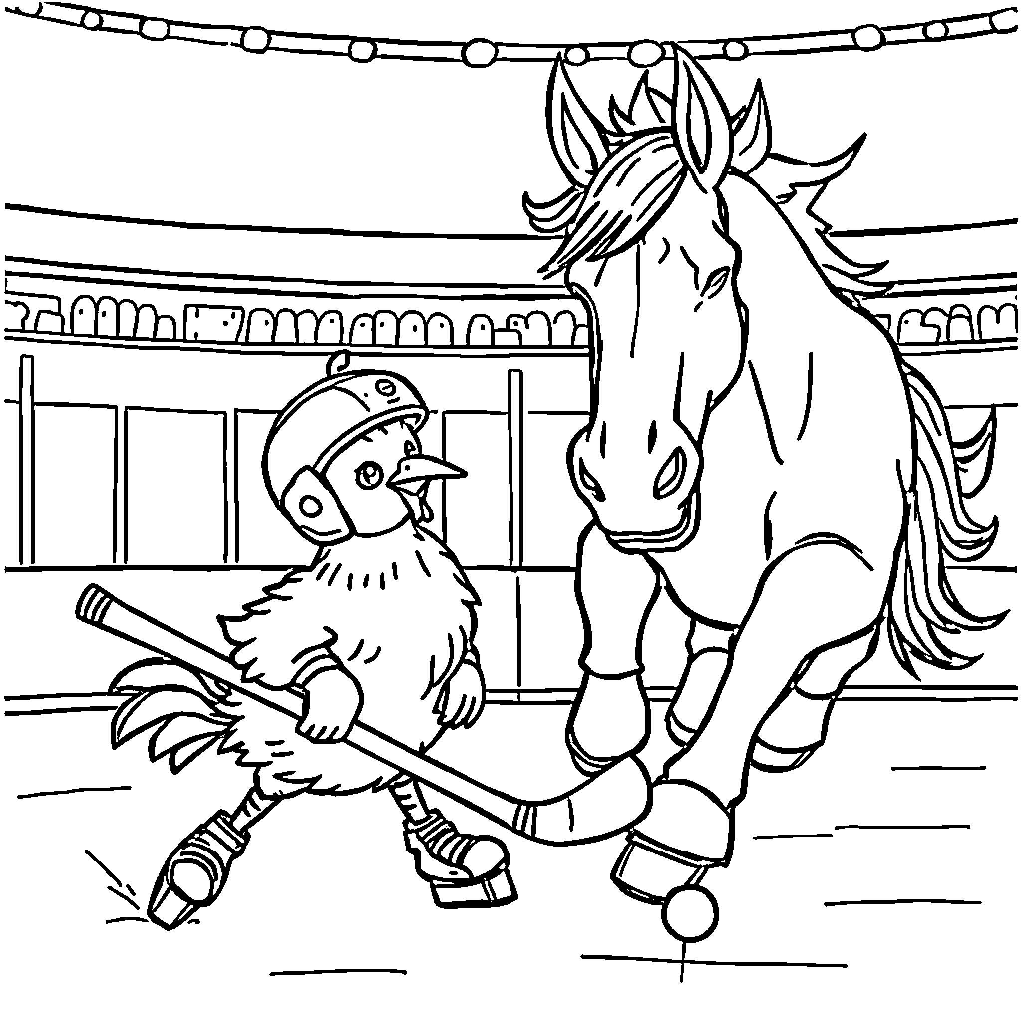 Chicken Jockey and Horse in Stadium Coloring Page (free black-and-white line drawing printable PDF for all, from beginners to advanced learners, including children, teens, adults, and seniors)