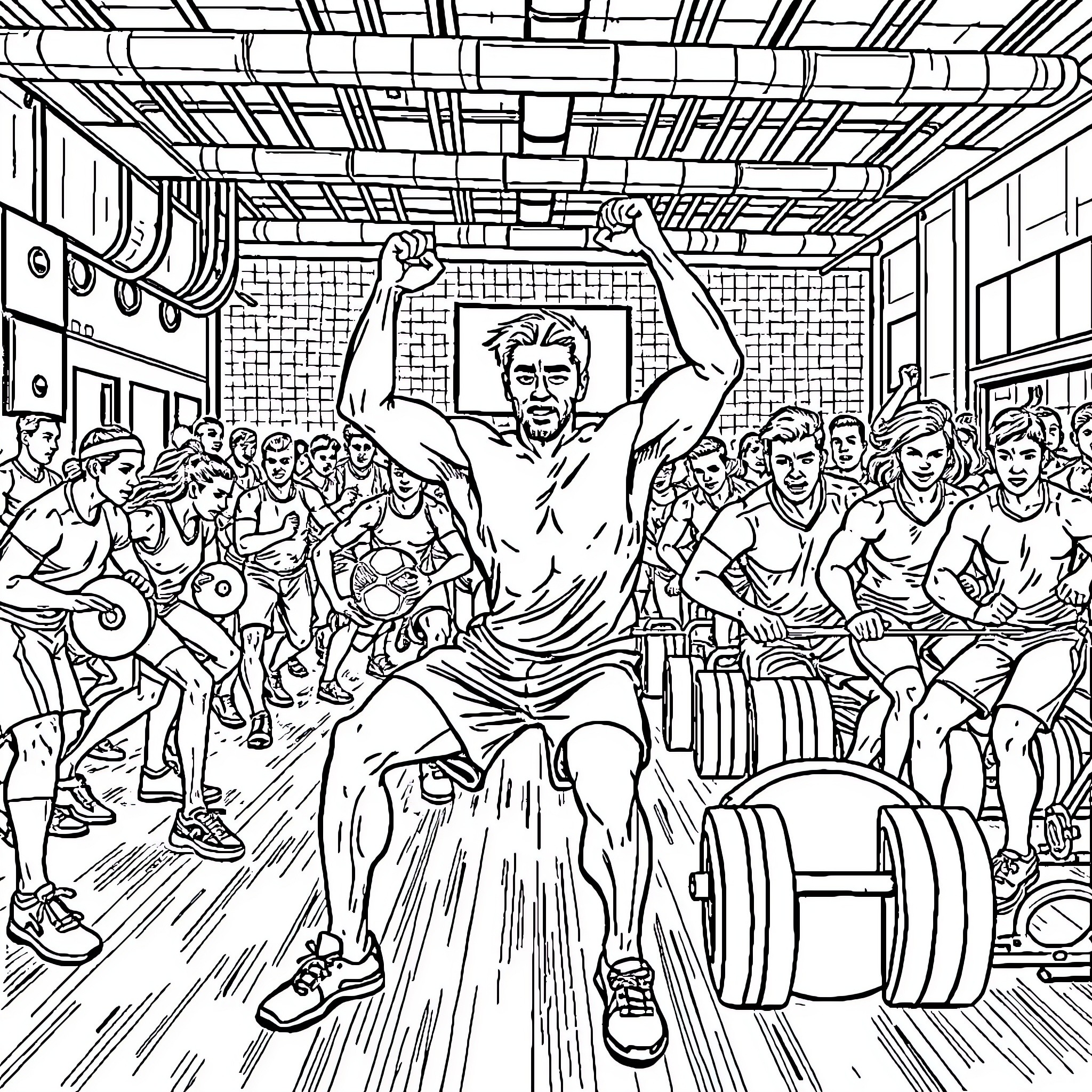 Athlete Lifting Weights in Gymnasium Coloring Page (free black-and-white line drawing printable PDF for all, from beginners to advanced learners, including children, teens, adults, and seniors)