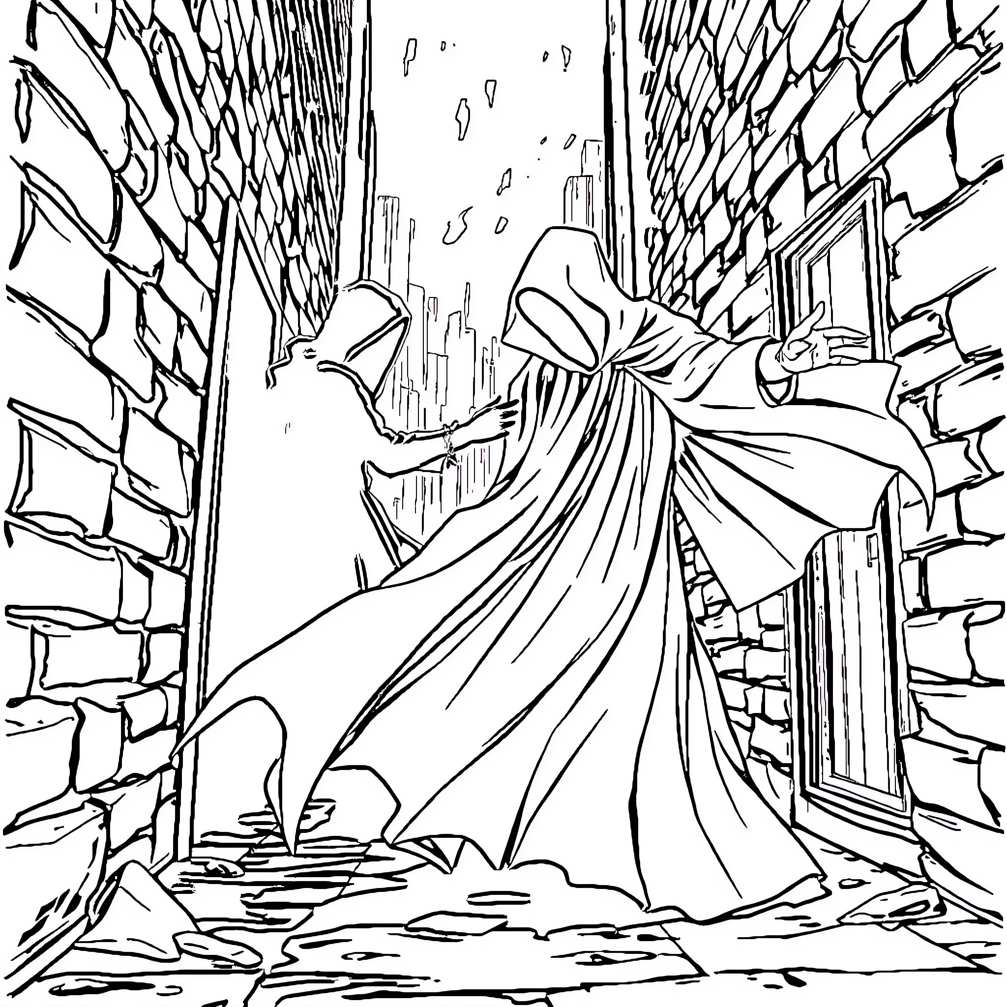Phantom figure traversing a surreal, dystopian landscape Coloring Page (free black-and-white line drawing printable PDF for all, from beginners to advanced learners, including children, teens, adults, and seniors)