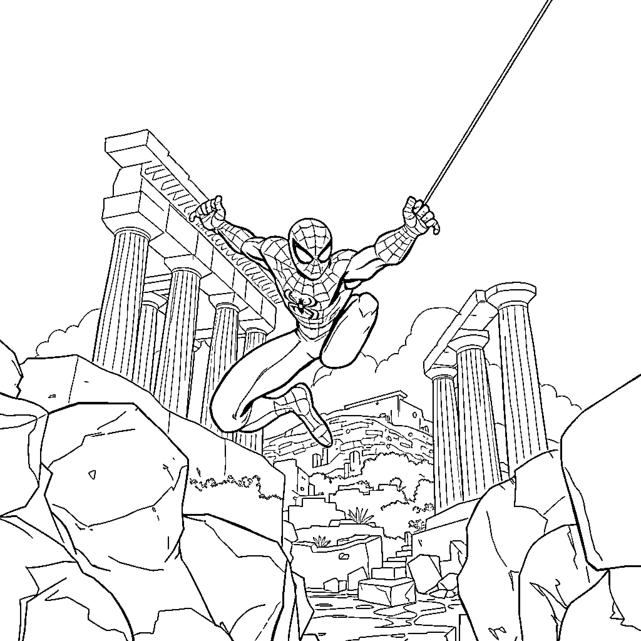 Spiderman swinging through the city Coloring Page (free black-and-white line drawing printable PDF for all, from beginners to advanced learners, including children, teens, adults, and seniors)