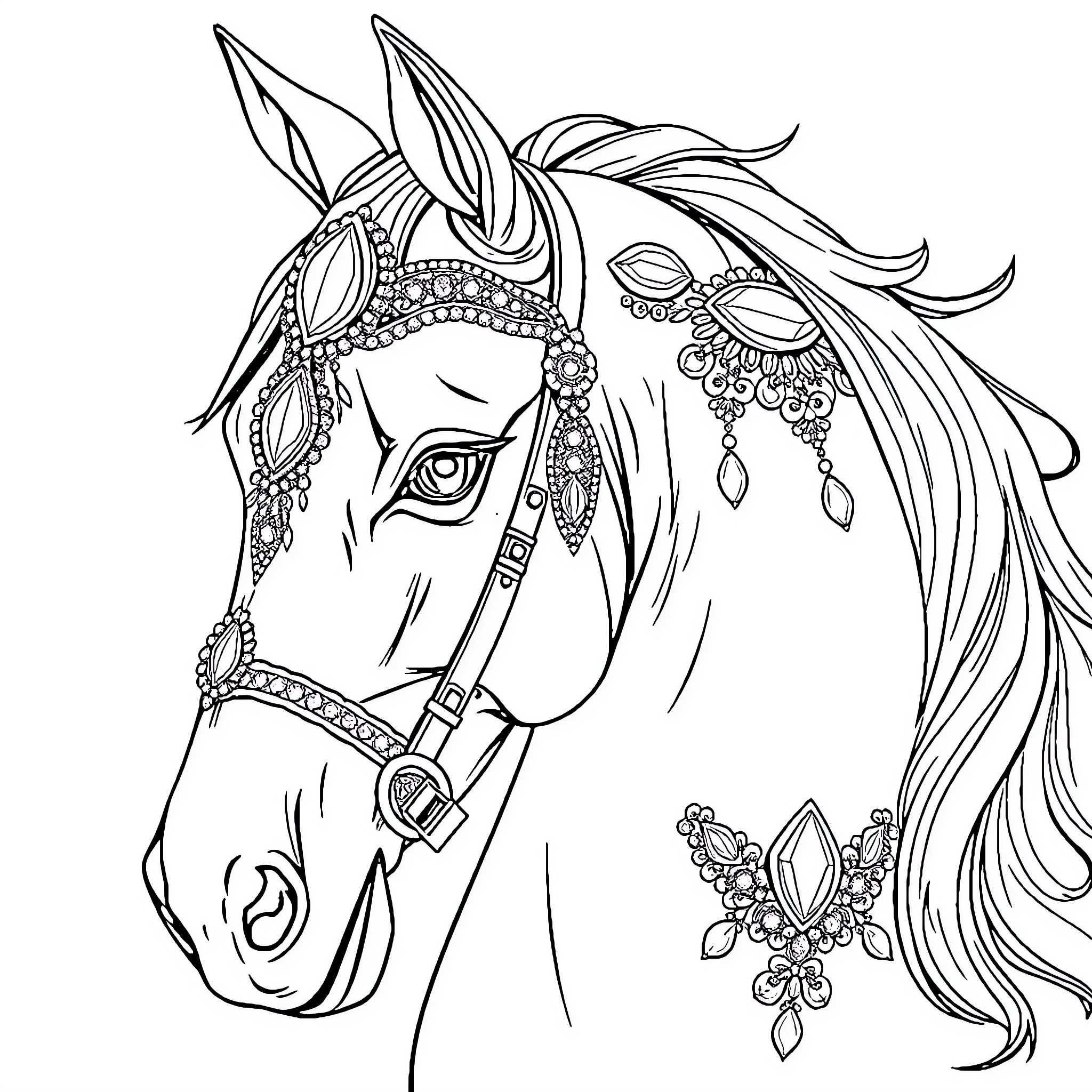 Horse with ornate decorative harness Coloring Page (free black-and-white line drawing printable PDF for all, from beginners to advanced learners, including children, teens, adults, and seniors)