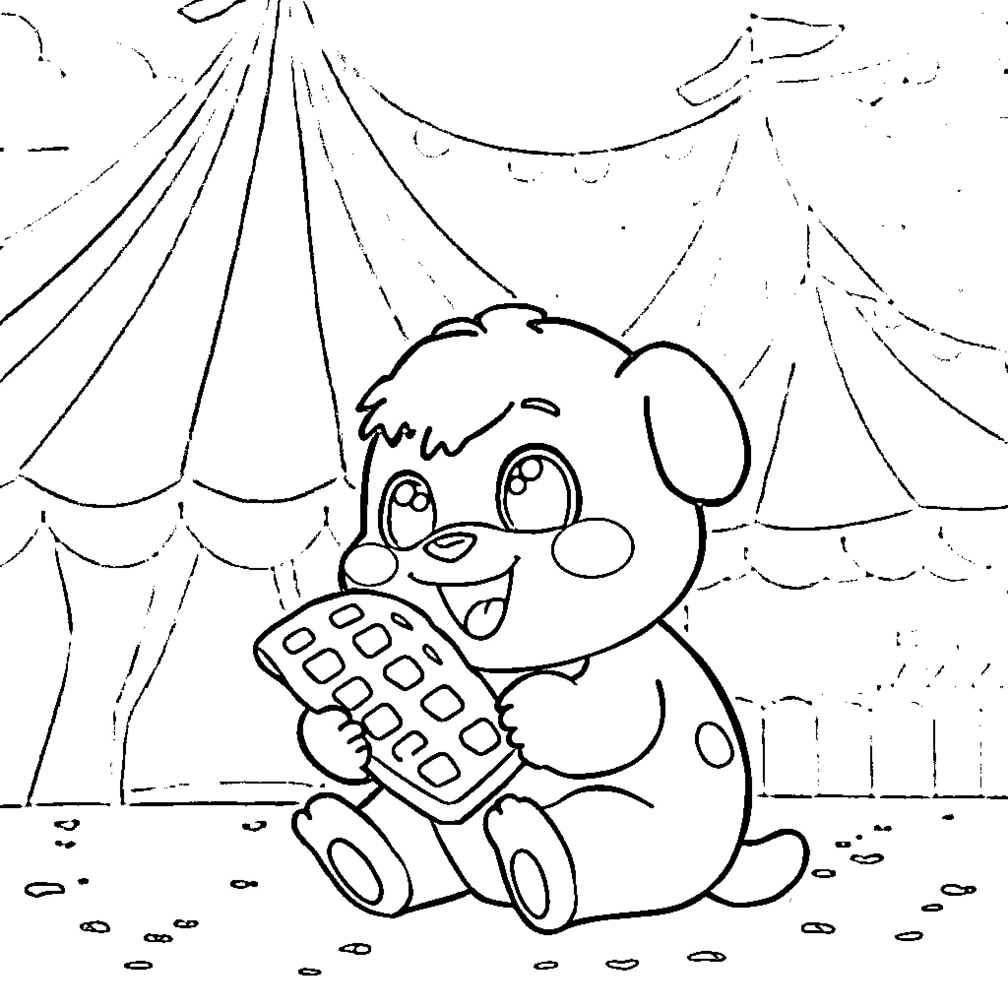 Muffin playing with remote at the circus Coloring Page (free black-and-white line drawing printable PDF for all, from beginners to advanced learners, including children, teens, adults, and seniors)