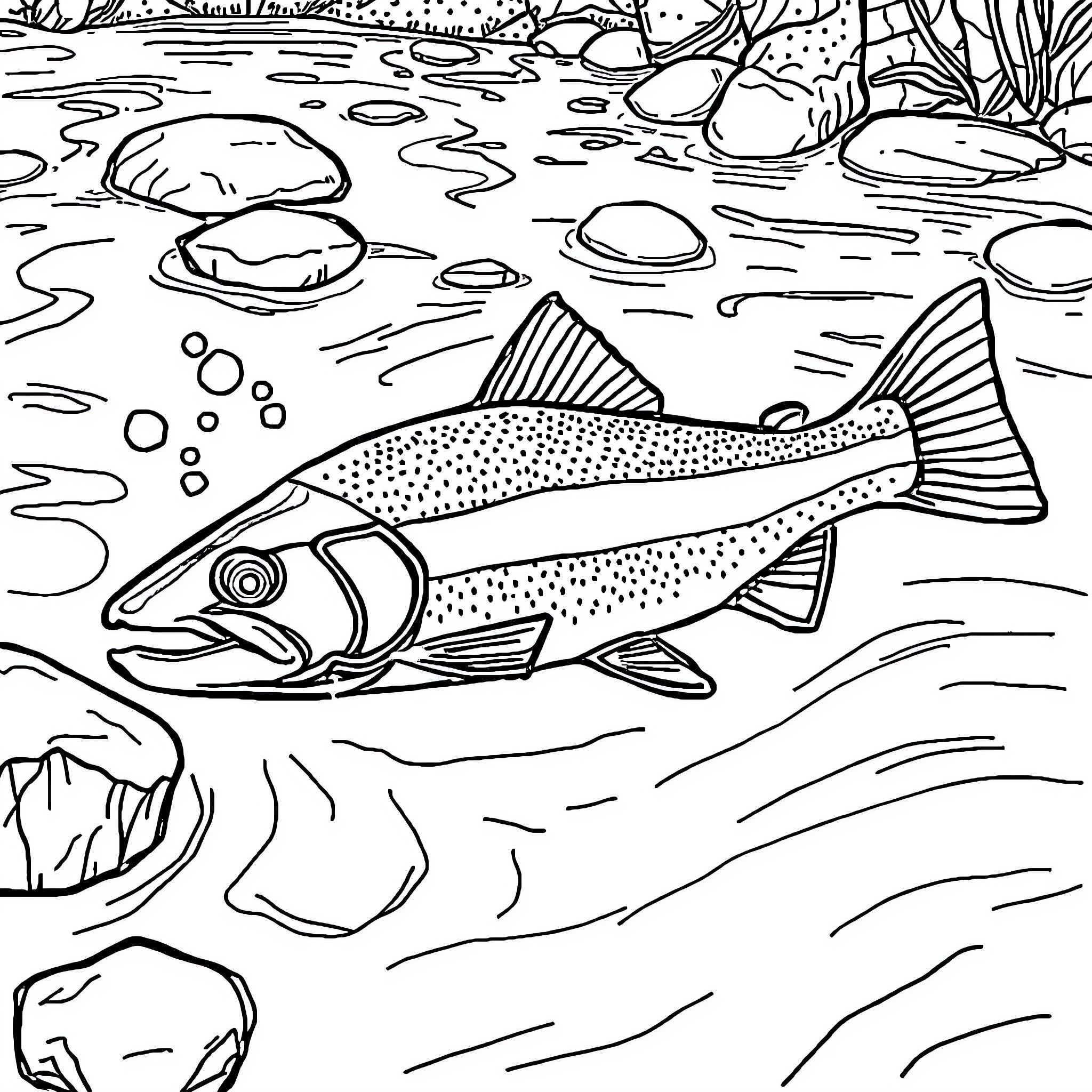 Trout swimming gracefully in the river Coloring Page (free black-and-white line drawing printable PDF for all, from beginners to advanced learners, including children, teens, adults, and seniors)