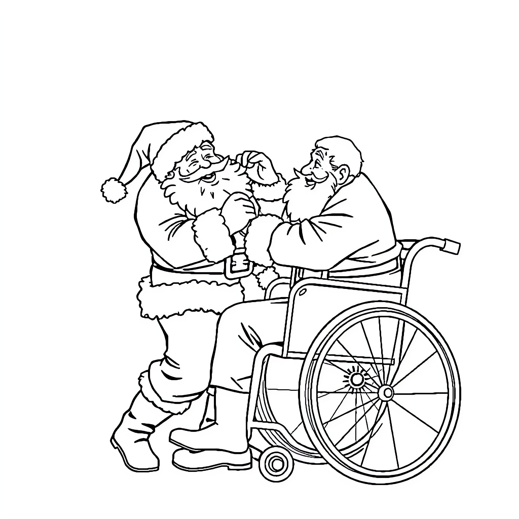 Santa Assisting Elderly Man in Wheelchair Coloring Page (free black-and-white line drawing printable PDF for all, from beginners to advanced learners, including children, teens, adults, and seniors)