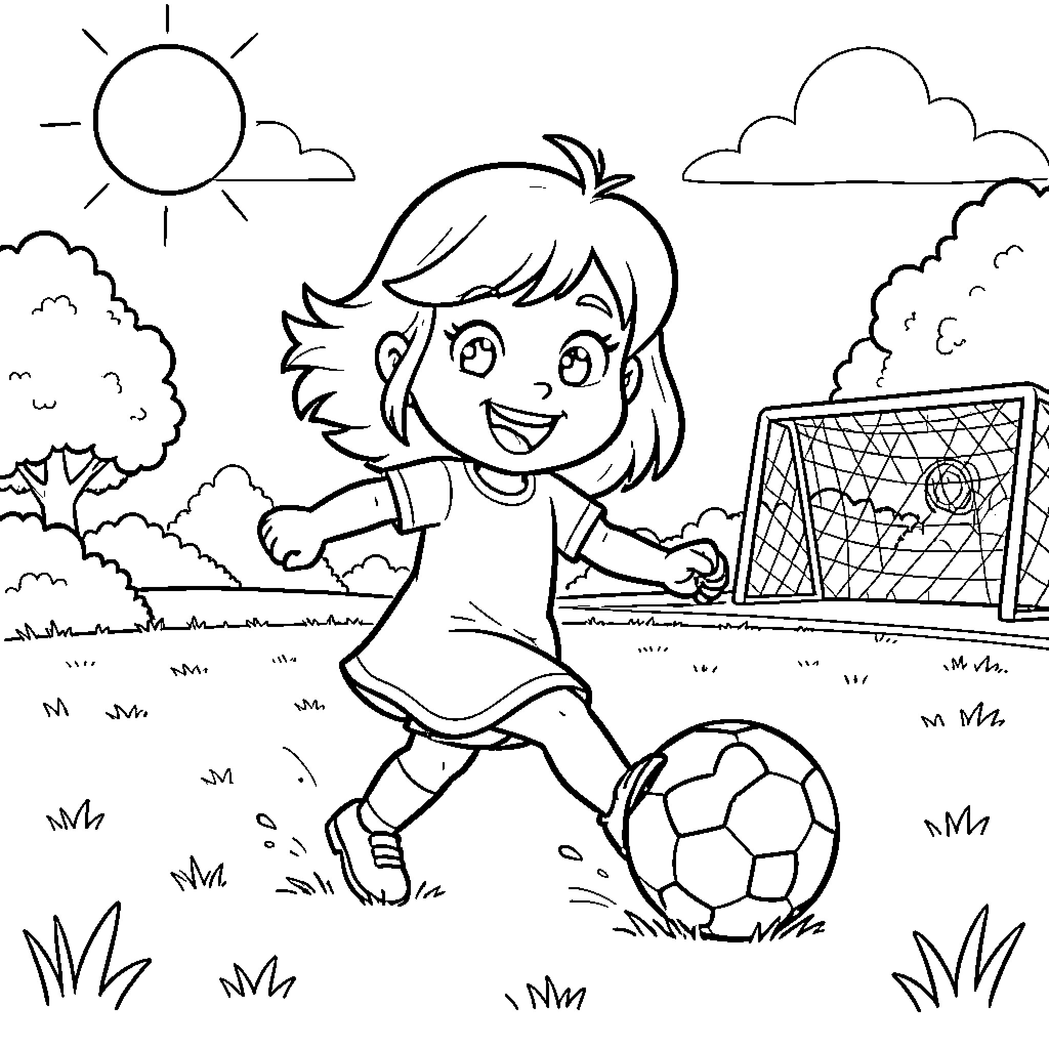 Masha playing with a soccer ball in the park Coloring Page (free black-and-white line drawing printable PDF for all, from beginners to advanced learners, including children, teens, adults, and seniors)