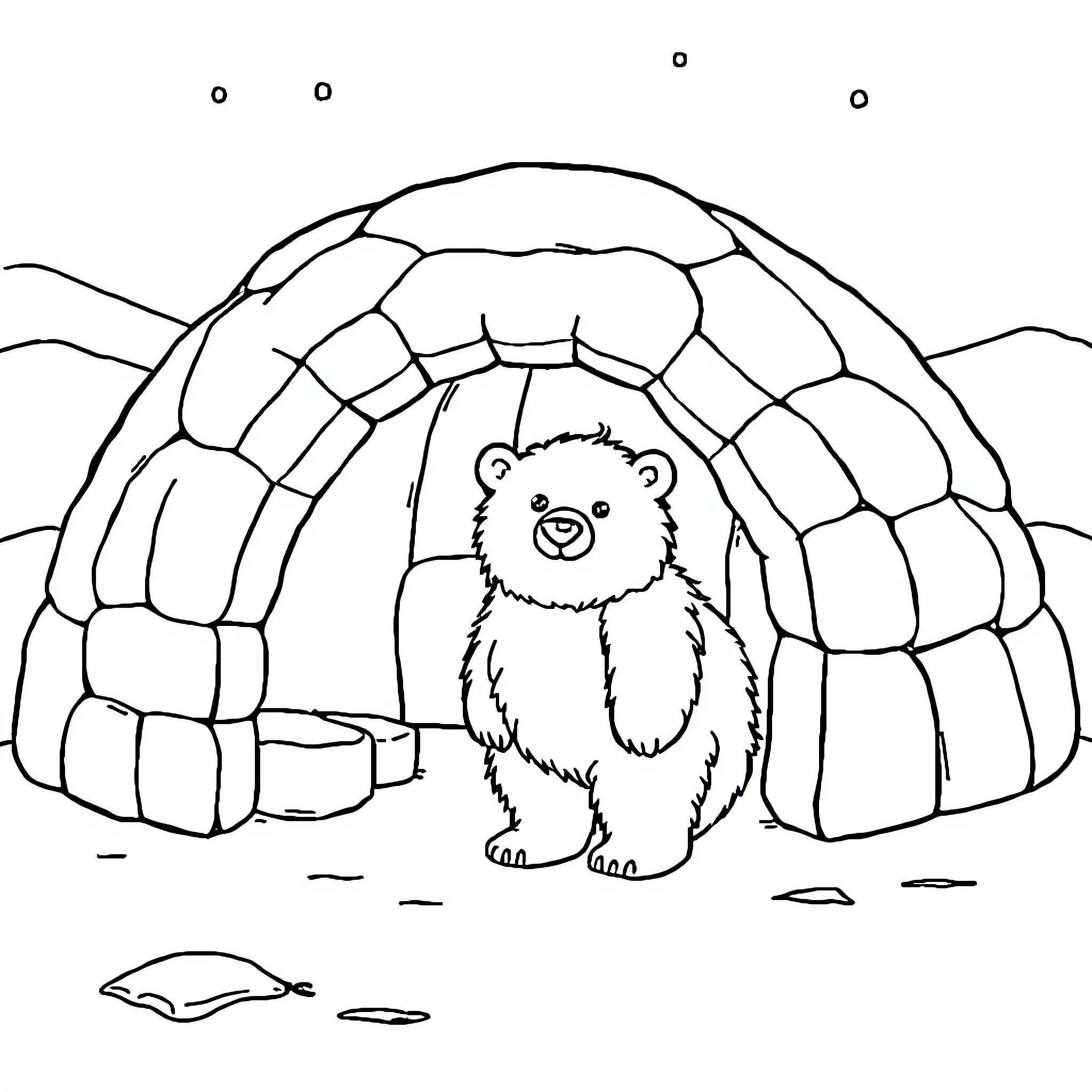 Polar Bear Emerging from Igloo Coloring Page (free black-and-white line drawing printable PDF for all, from beginners to advanced learners, including children, teens, adults, and seniors)