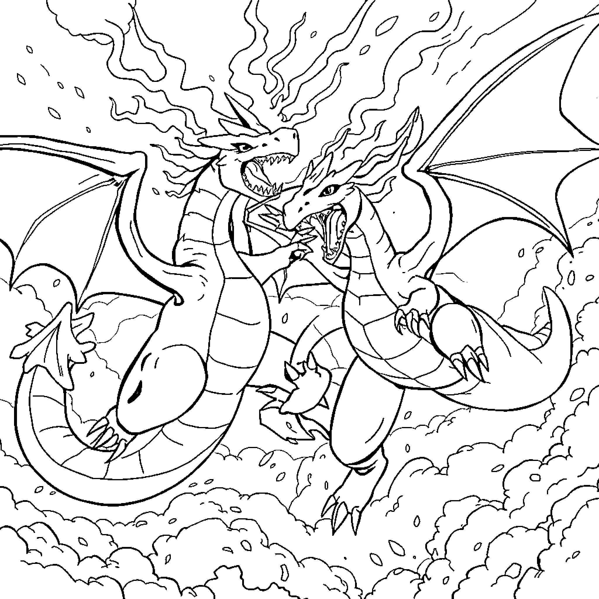 Charizard unleashing powerful flames in the sky Coloring Page (free black-and-white line drawing printable PDF for all, from beginners to advanced learners, including children, teens, adults, and seniors)