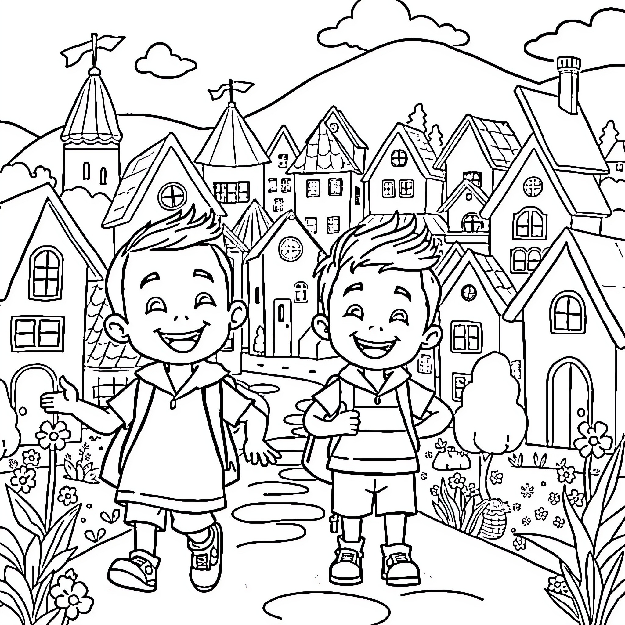 Upin and Ipin exploring the charming village Coloring Page (free black-and-white line drawing printable PDF for all, from beginners to advanced learners, including children, teens, adults, and seniors)