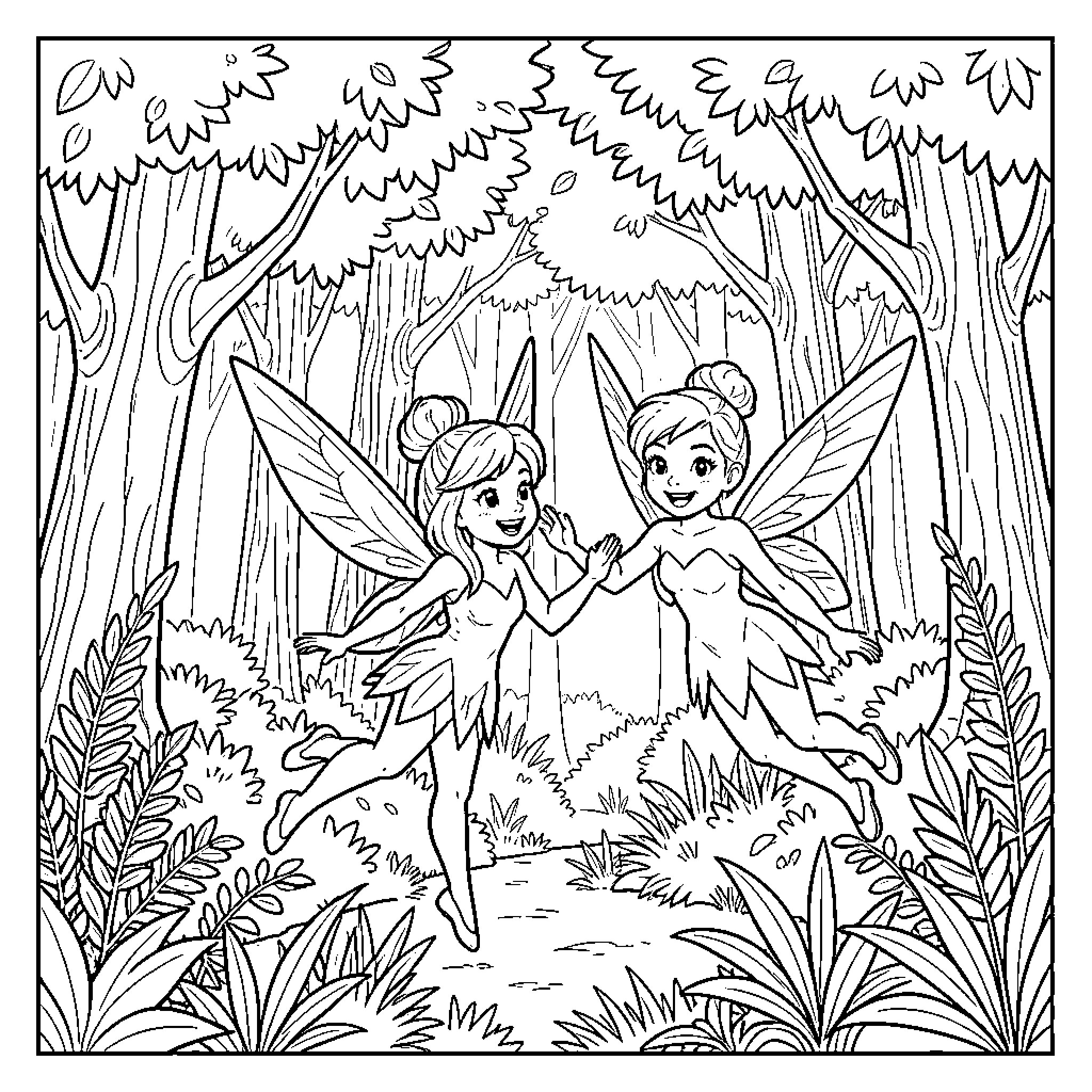 Tinkerbell and Fairy Friends in Whimsical Forest Coloring Page (free black-and-white line drawing printable PDF for all, from beginners to advanced learners, including children, teens, adults, and seniors)