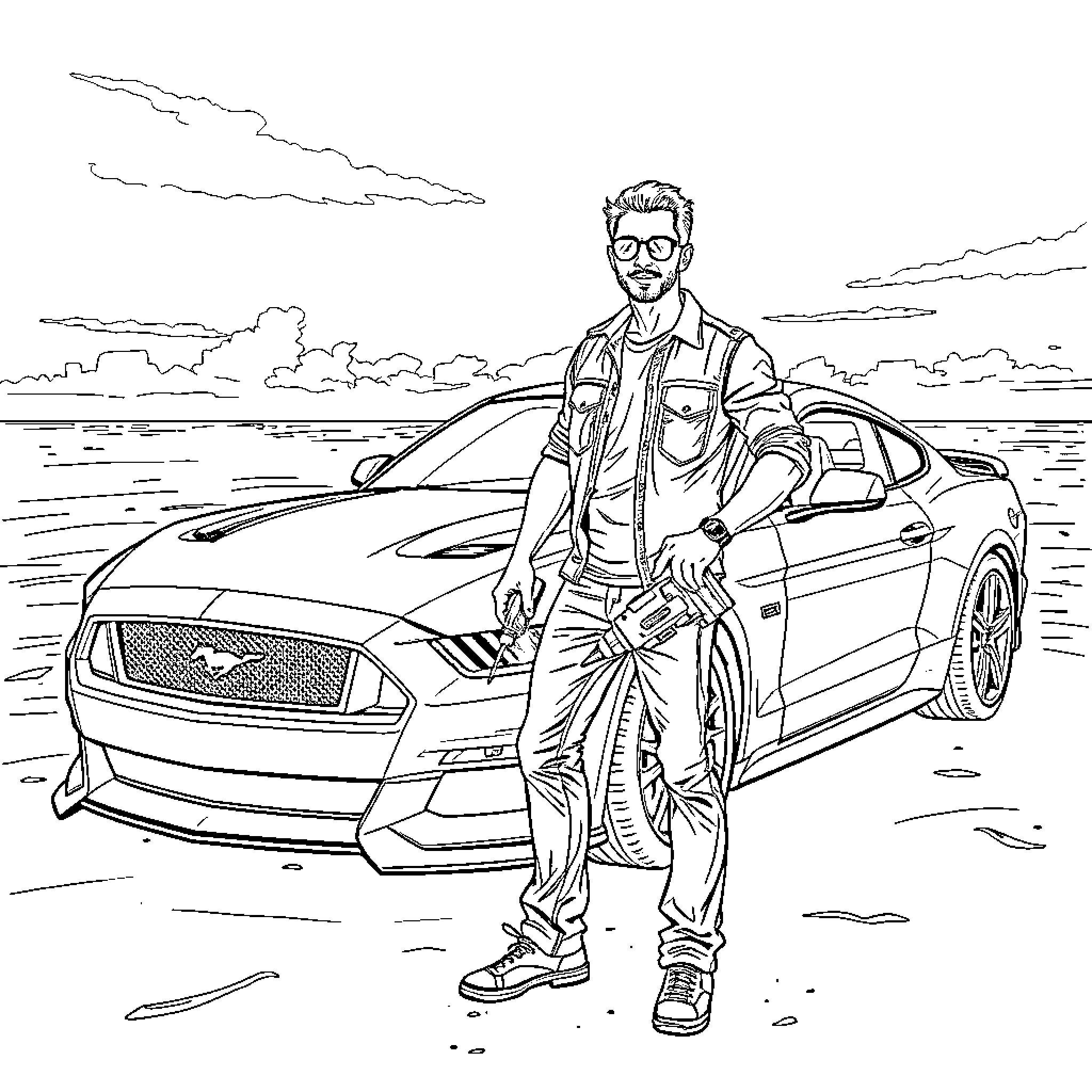 Guy posing with sports car on beach Coloring Page (free black-and-white line drawing printable PDF for all, from beginners to advanced learners, including children, teens, adults, and seniors)