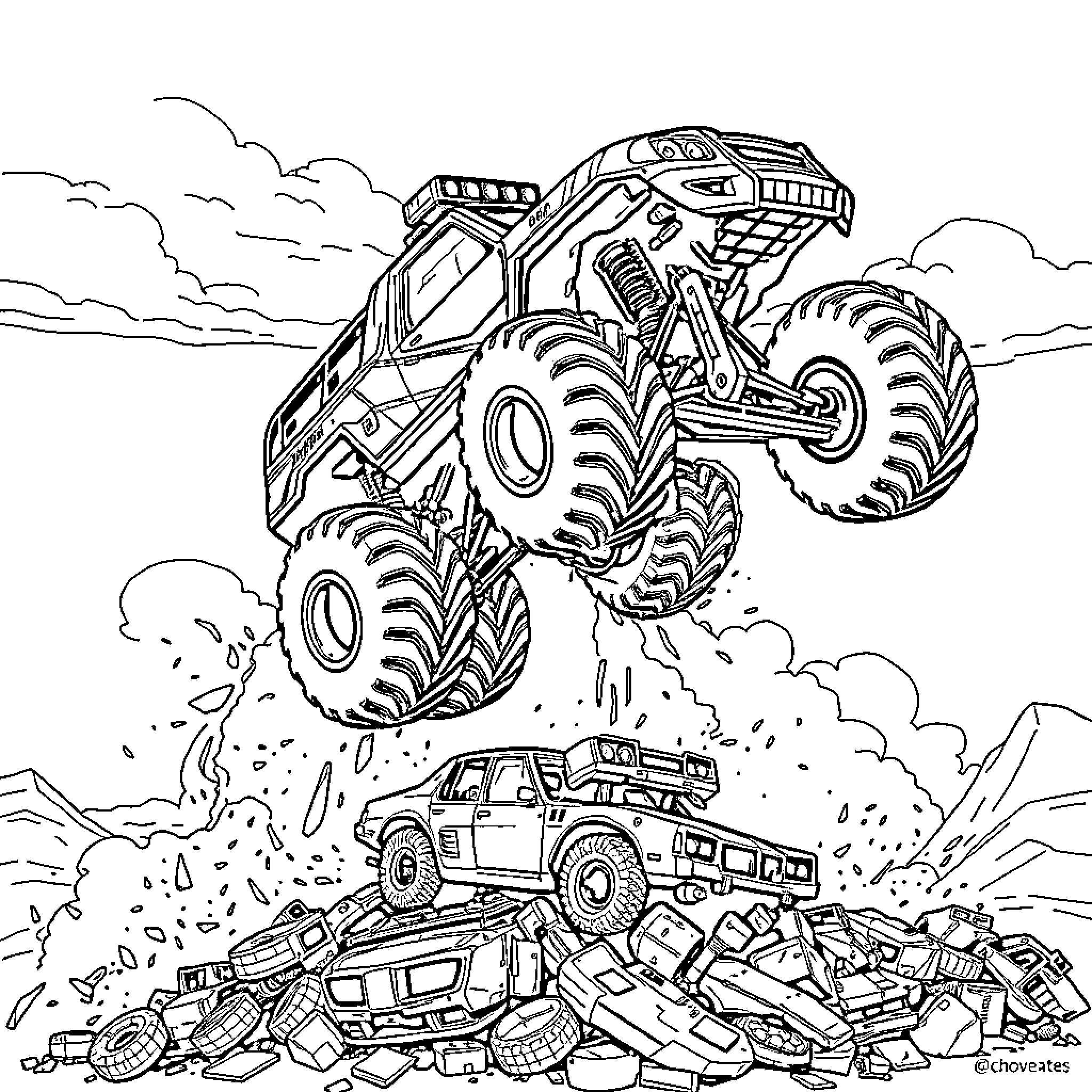 Monster Truck crushing cars in rugged terrain Coloring Page (free black-and-white line drawing printable PDF for all, from beginners to advanced learners, including children, teens, adults, and seniors)