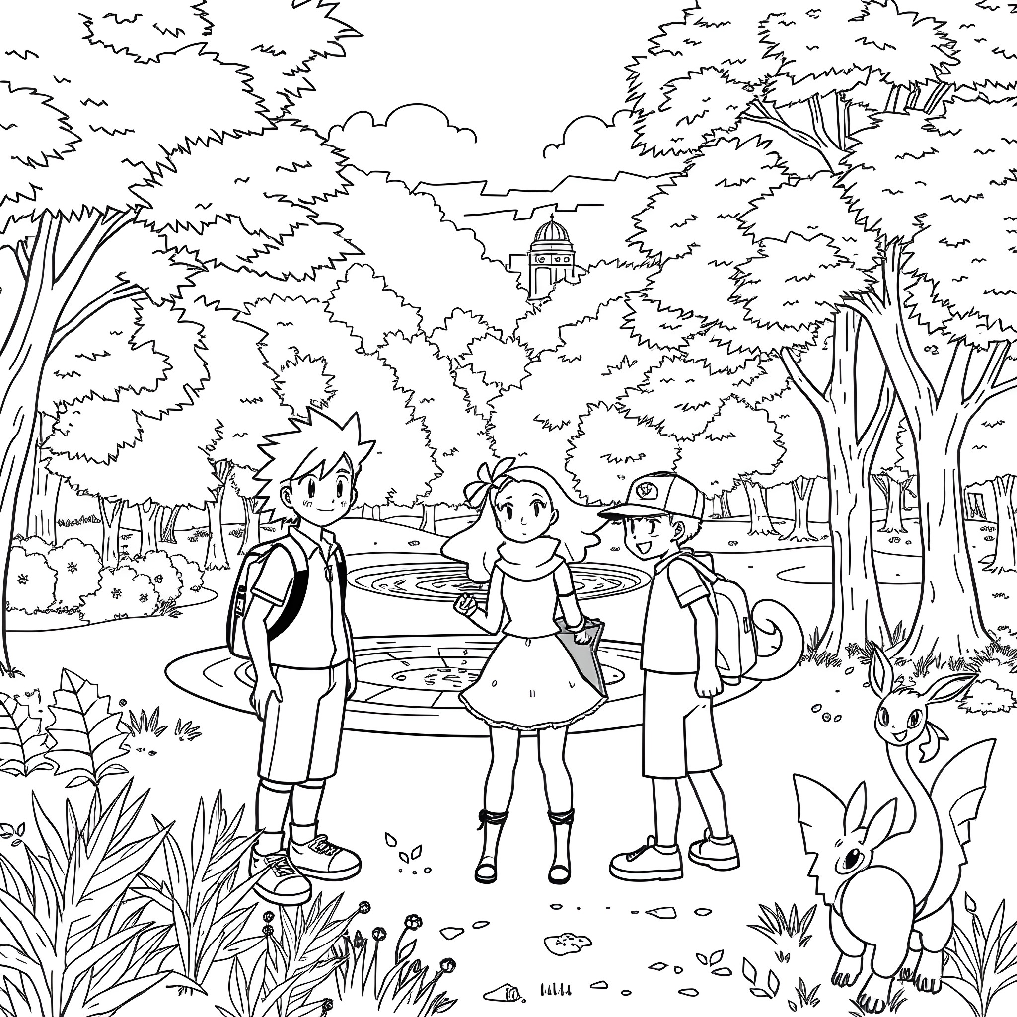 Ash's Adventure in the Enchanted Forest Coloring Page (free black-and-white line drawing printable PDF for all, from beginners to advanced learners, including children, teens, adults, and seniors)
