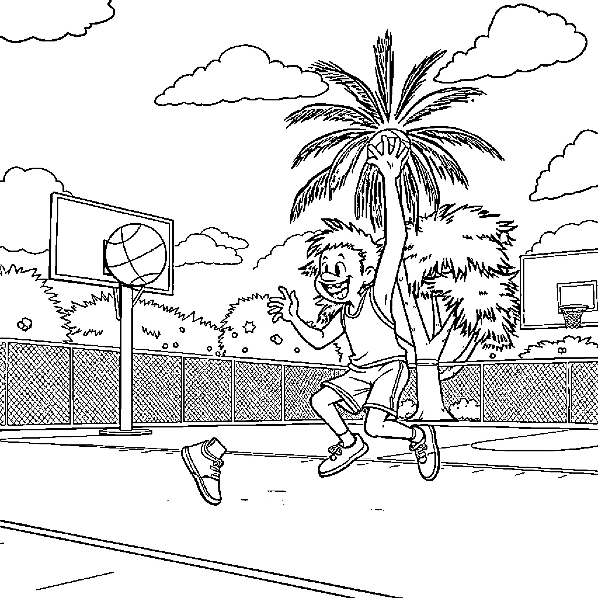 Sagur's Playful Basketball Game on Sunny Afternoon Coloring Page (free black-and-white line drawing printable PDF for all, from beginners to advanced learners, including children, teens, adults, and seniors)