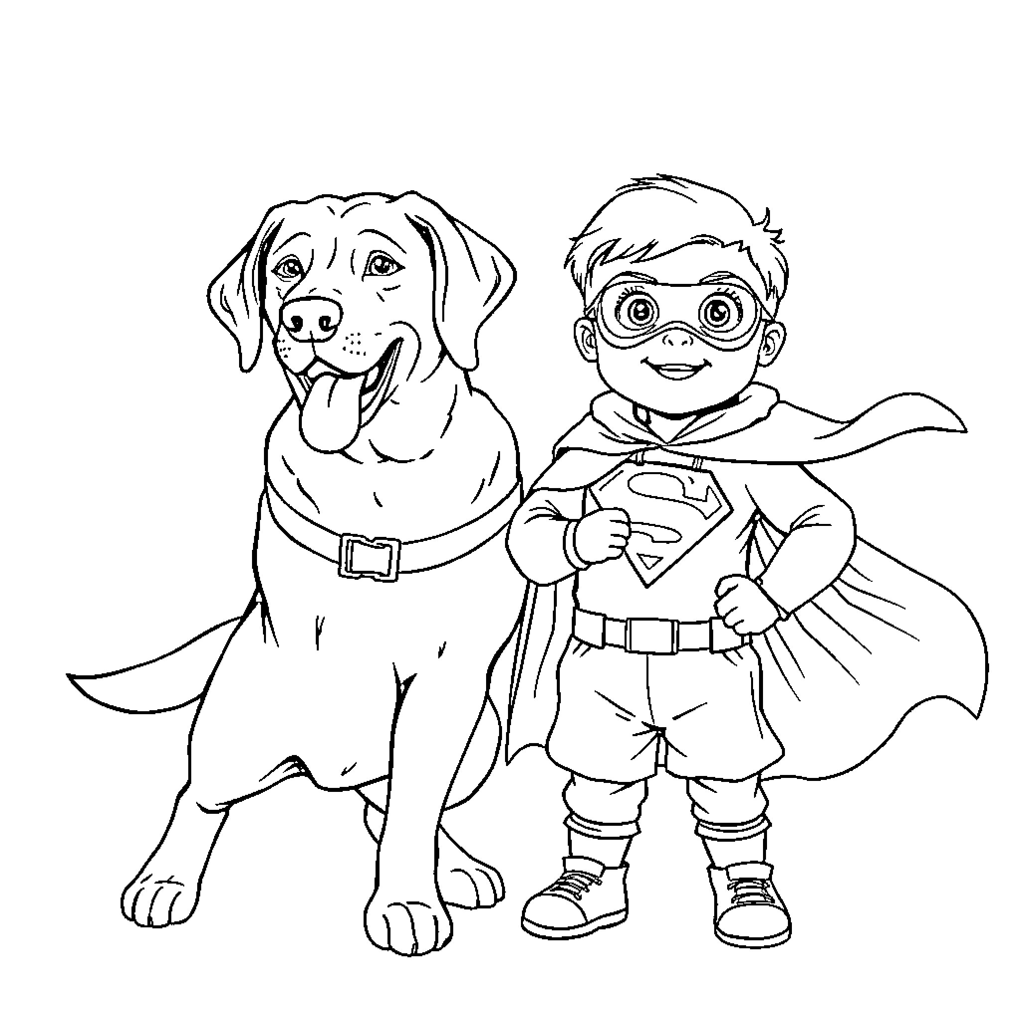 Labrador and Young Superhero Playing Together Coloring Page (free black-and-white line drawing printable PDF for all, from beginners to advanced learners, including children, teens, adults, and seniors)
