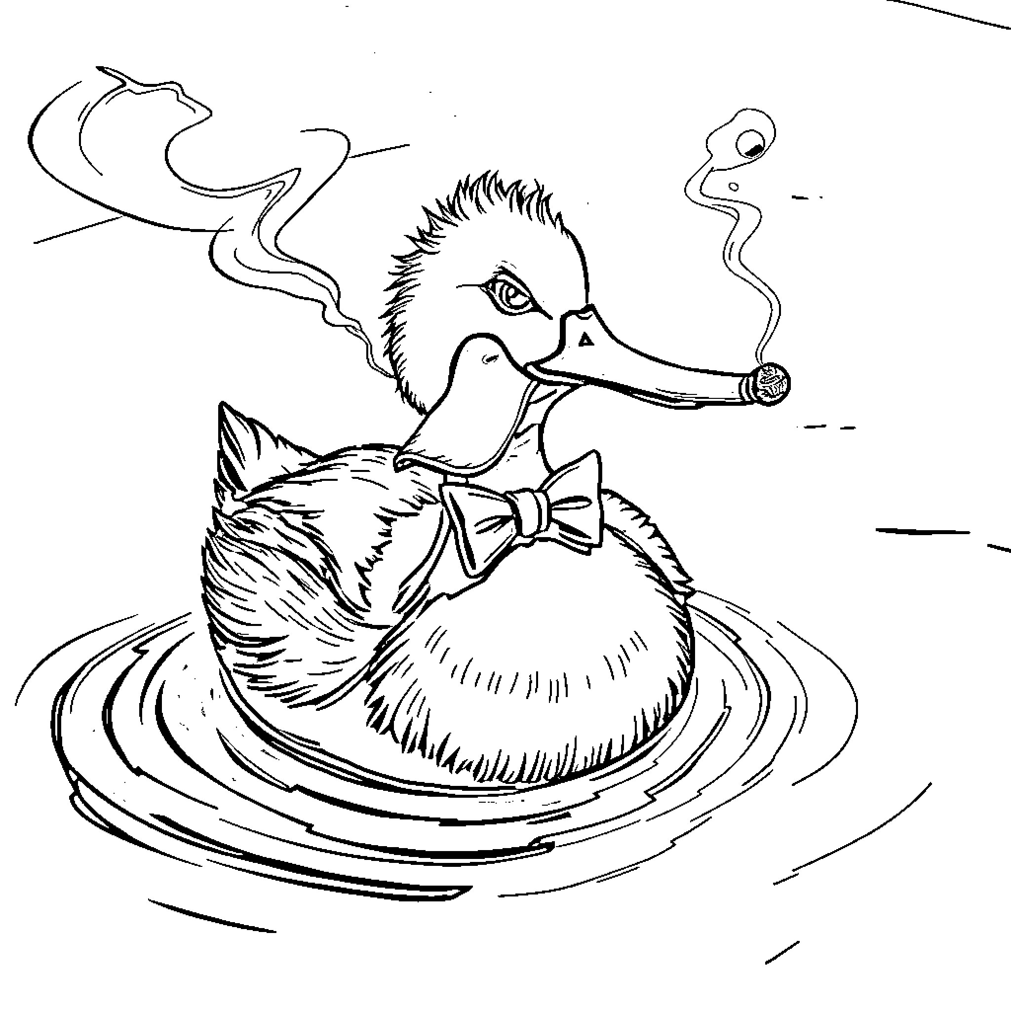 Duck relaxing in the water while smoking Coloring Page (free black-and-white line drawing printable PDF for all, from beginners to advanced learners, including children, teens, adults, and seniors)