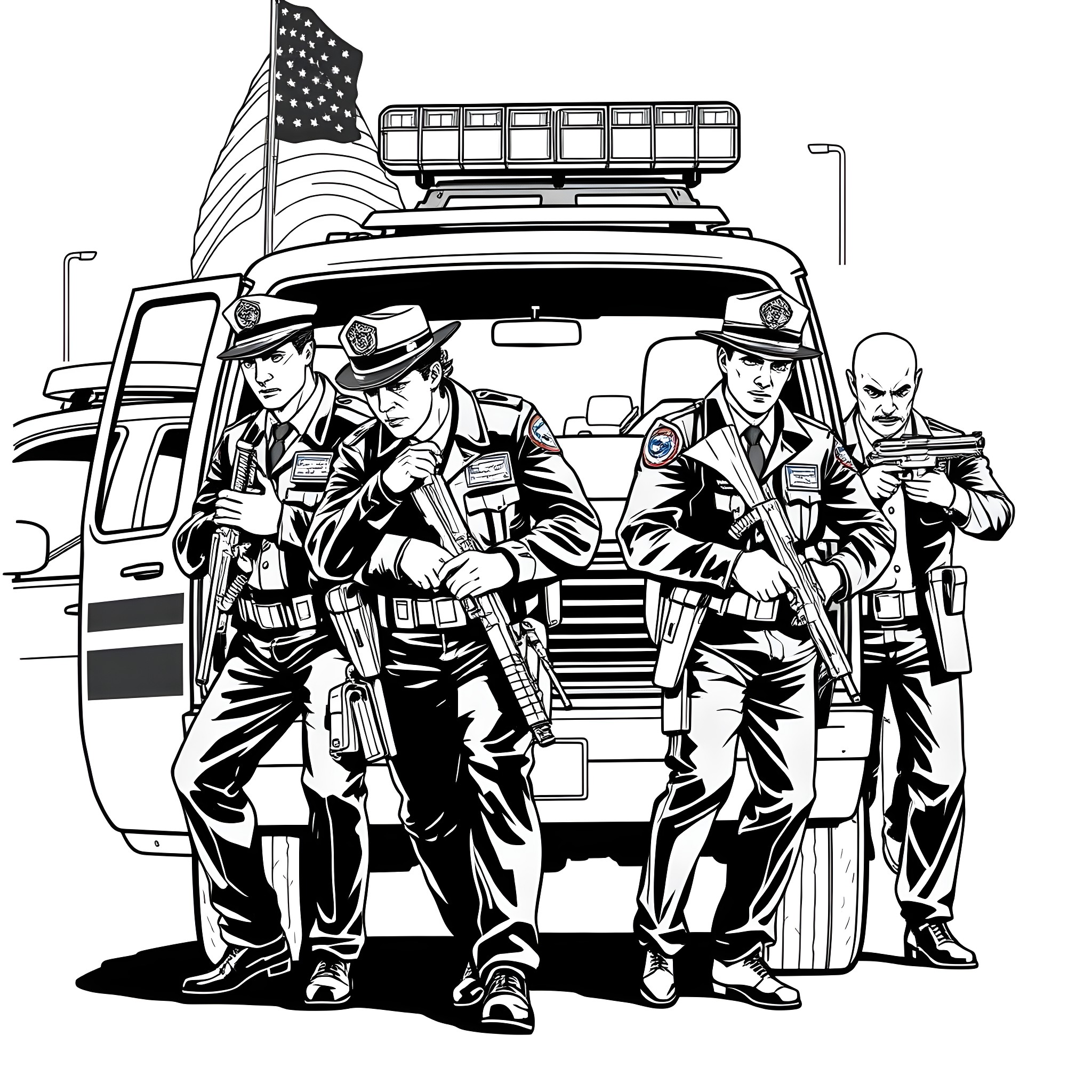 Police Officers in Tactical Gear Responding to Incident Coloring Page (free black-and-white line drawing printable PDF for all, from beginners to advanced learners, including children, teens, adults, and seniors)