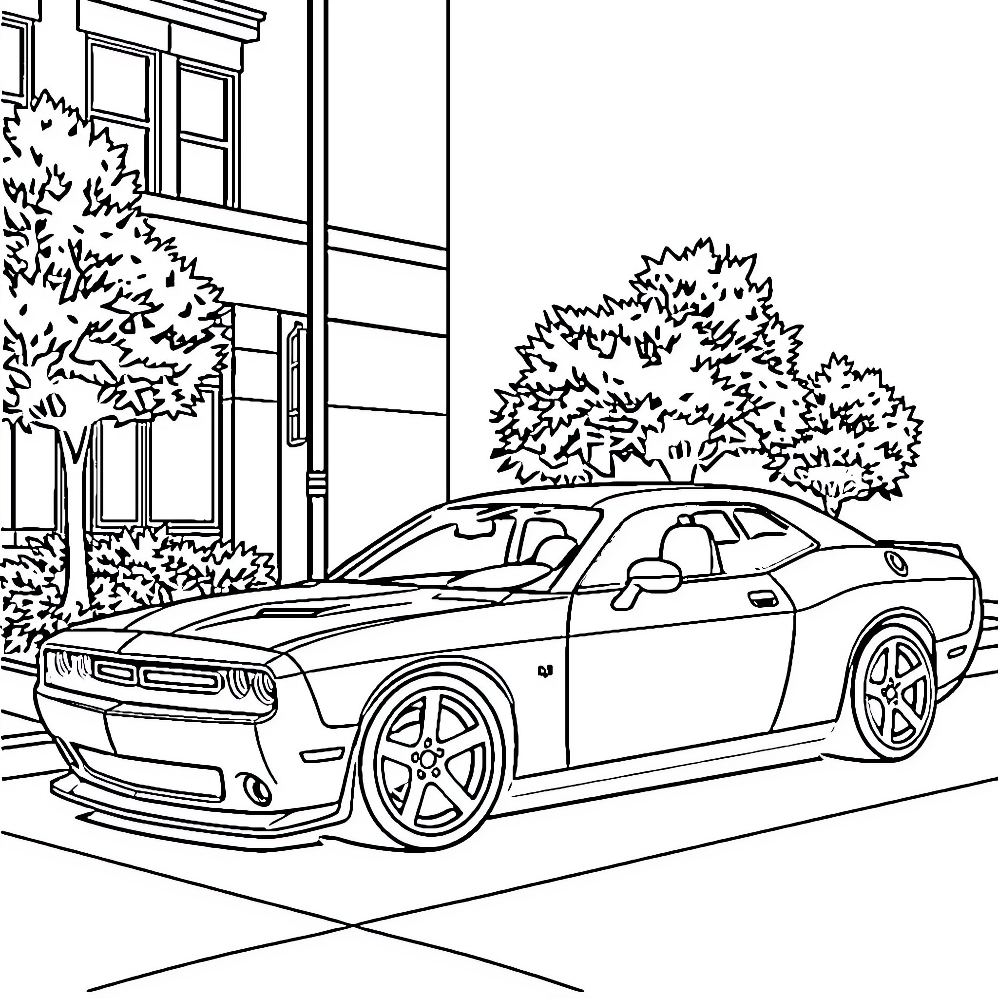 Dodge Charger parked on the street Coloring Page (free black-and-white line drawing printable PDF for all, from beginners to advanced learners, including children, teens, adults, and seniors)