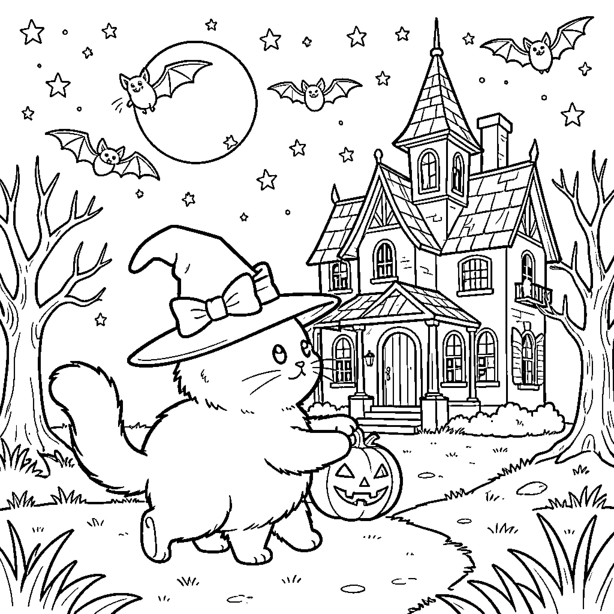Witch Cat walking with a pumpkin near a haunted house Coloring Page (free black-and-white line drawing printable PDF for all, from beginners to advanced learners, including children, teens, adults, and seniors)