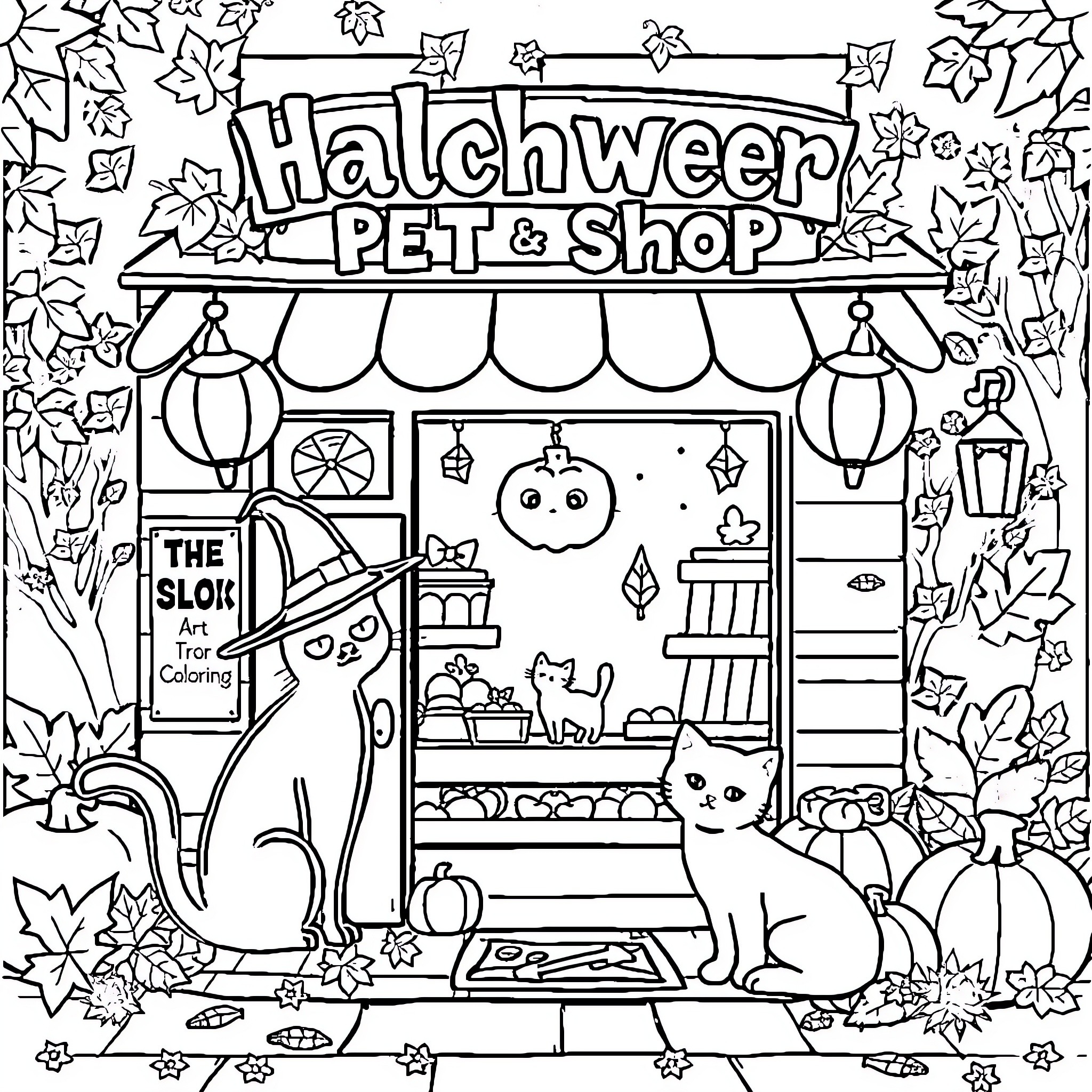 Pet Shop with Spooky Halloween Decorations Coloring Page (free black-and-white line drawing printable PDF for all, from beginners to advanced learners, including children, teens, adults, and seniors)