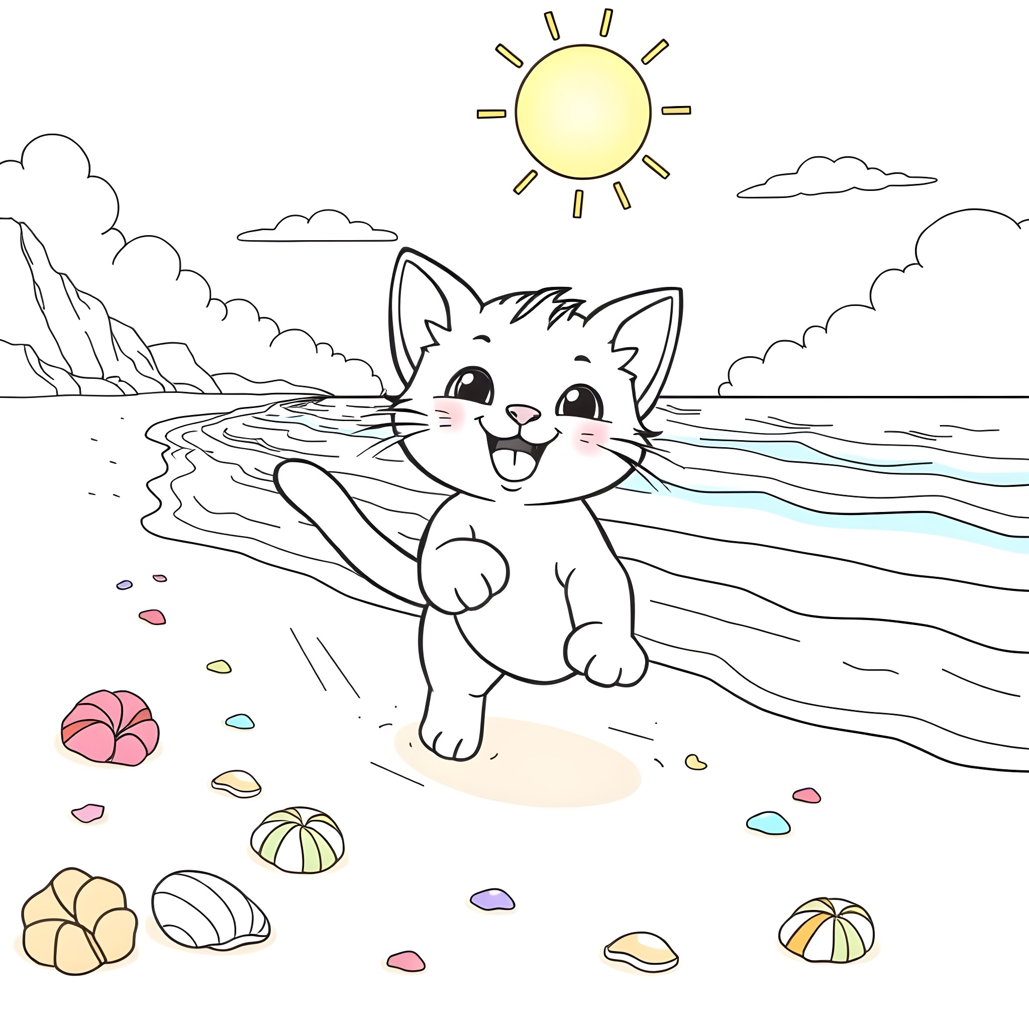 Kitten playing happily on the beach Coloring Page (free black-and-white line drawing printable PDF for all, from beginners to advanced learners, including children, teens, adults, and seniors)