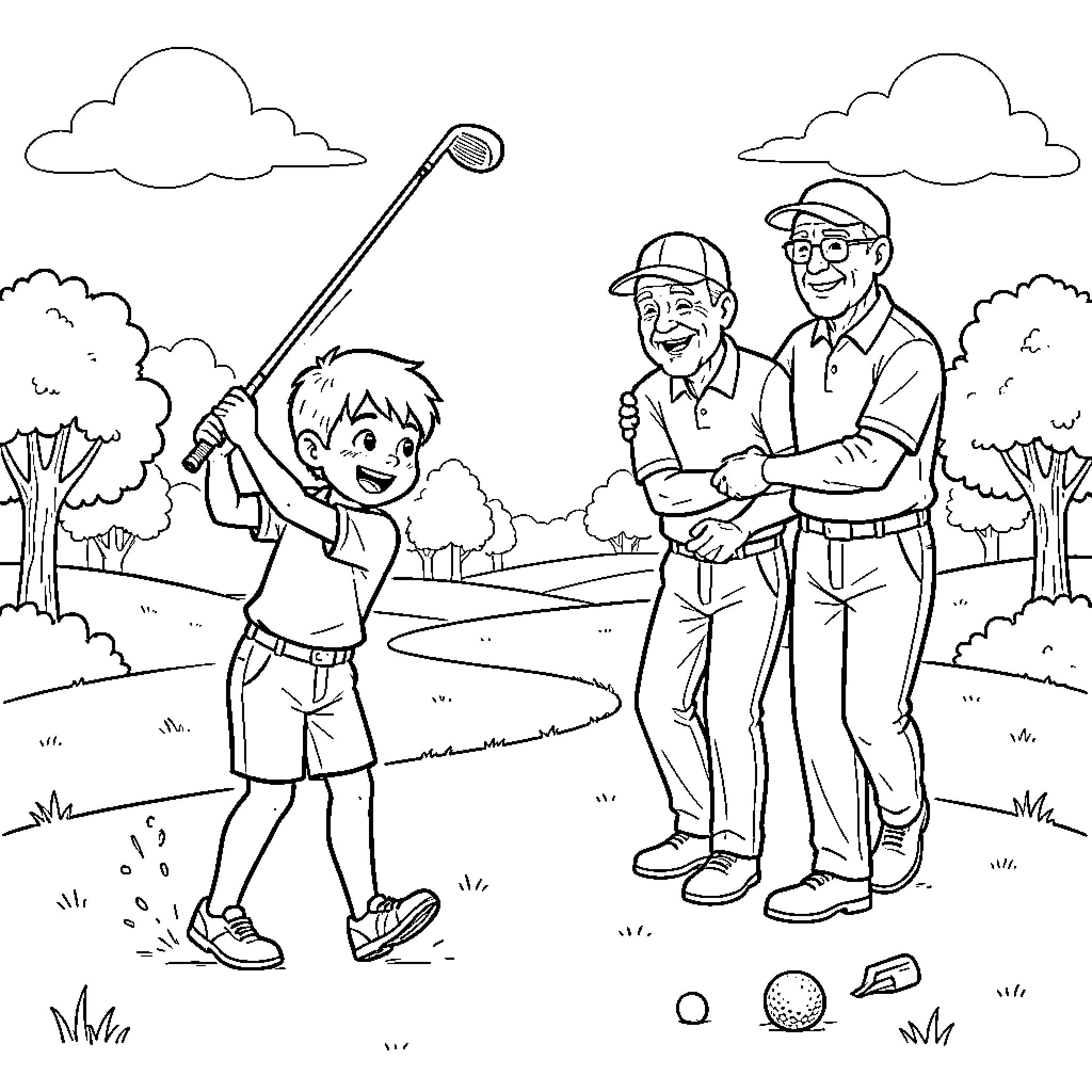 Golfer boy swinging club while seniors watch happily Coloring Page (free black-and-white line drawing printable PDF for all, from beginners to advanced learners, including children, teens, adults, and seniors)