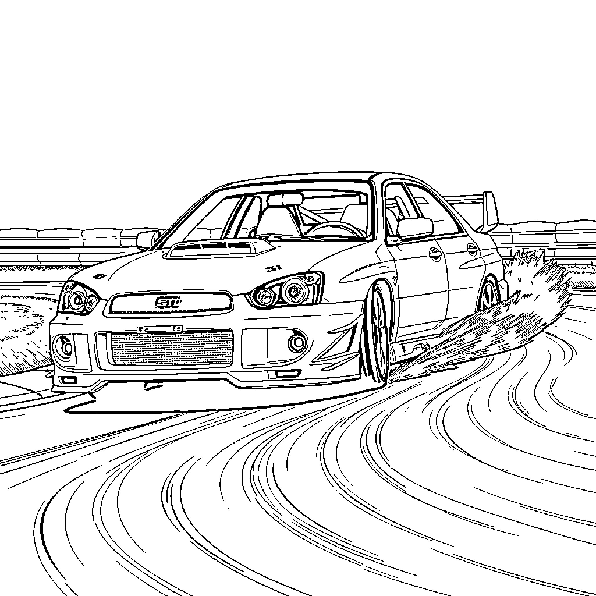 STI racing car speeding on a winding track Coloring Page (free black-and-white line drawing printable PDF for all, from beginners to advanced learners, including children, teens, adults, and seniors)