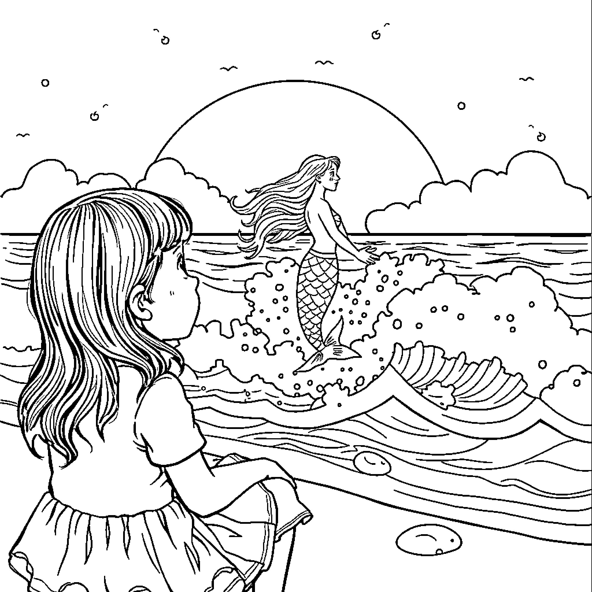 Girl Watching Mermaid in the Ocean Coloring Page (free black-and-white line drawing printable PDF for all, from beginners to advanced learners, including children, teens, adults, and seniors)