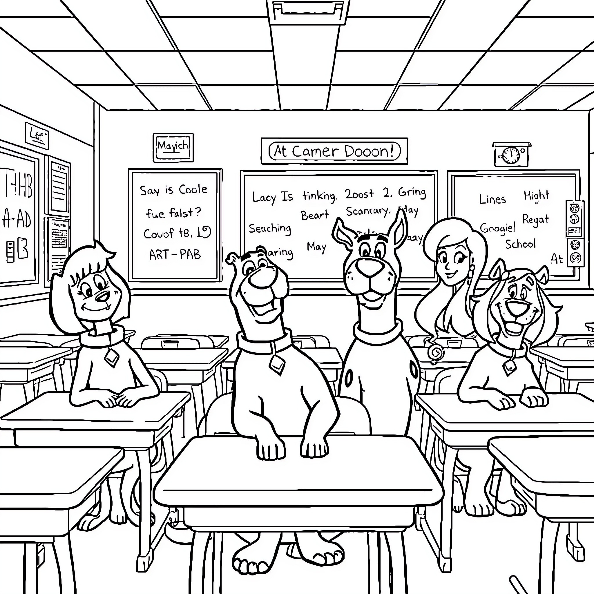 Scooby Doo and the Gang in the Classroom Coloring Page (free black-and-white line drawing printable PDF for all, from beginners to advanced learners, including children, teens, adults, and seniors)