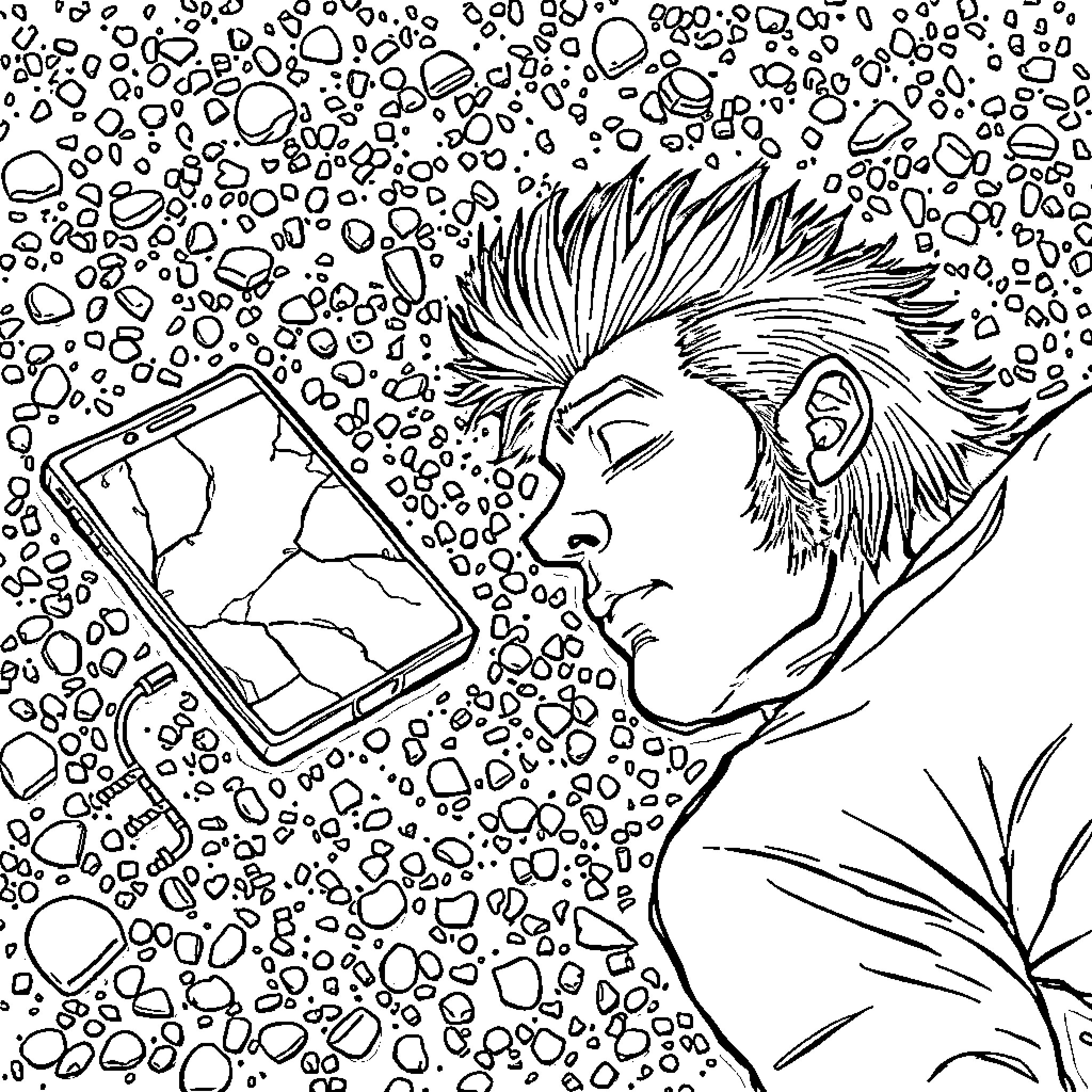 Cell Phone User Deeply Focused on Screen Coloring Page (free black-and-white line drawing printable PDF for all, from beginners to advanced learners, including children, teens, adults, and seniors)