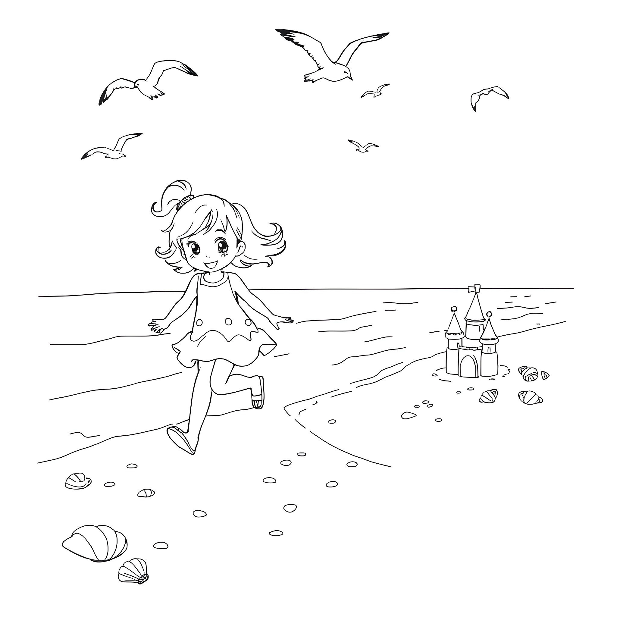 Gabby's Day at the Beach Coloring Page (free black-and-white line drawing printable PDF for all, from beginners to advanced learners, including children, teens, adults, and seniors)