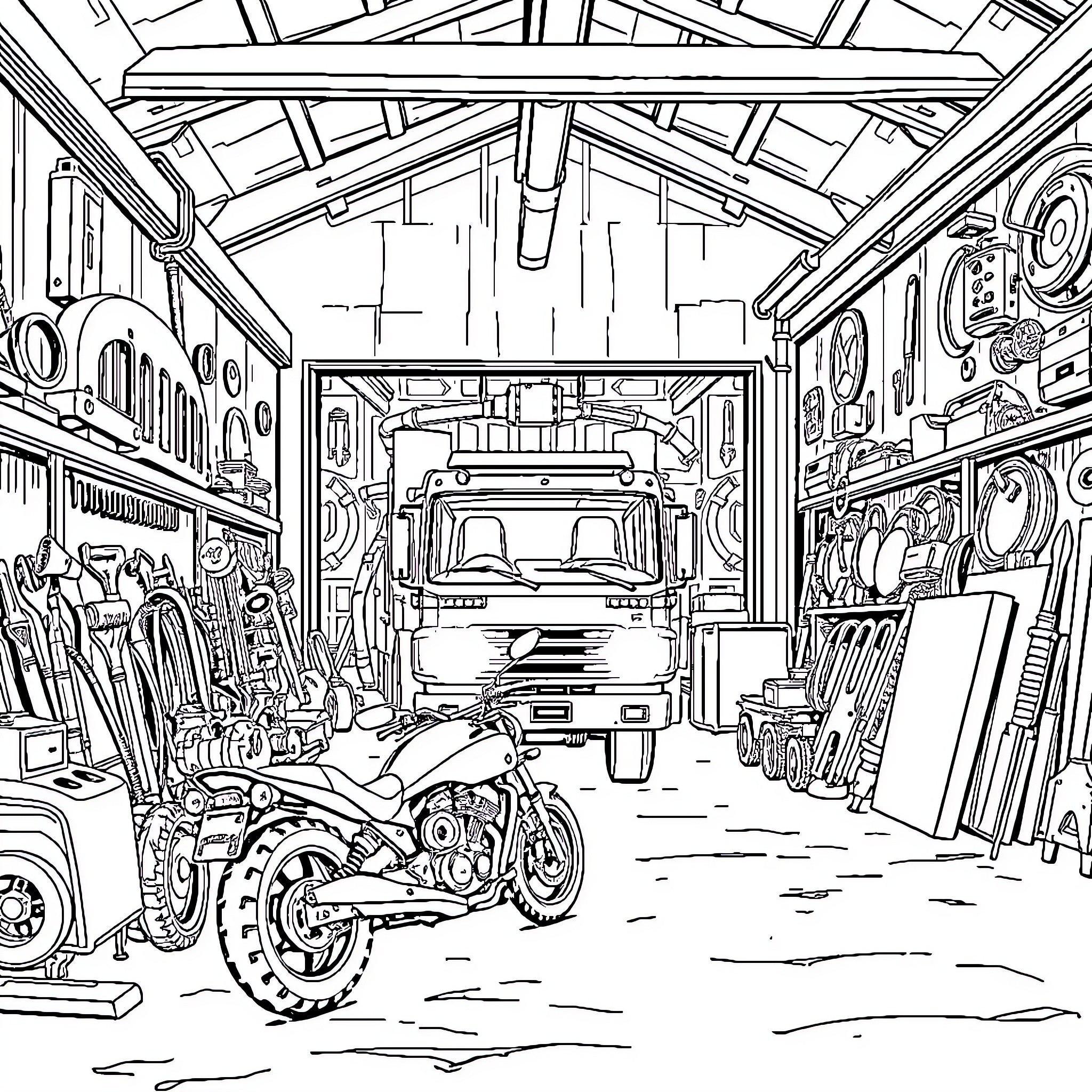 Vehicle Workshop with Motorcycle and Machinery Coloring Page (free black-and-white line drawing printable PDF for all, from beginners to advanced learners, including children, teens, adults, and seniors)