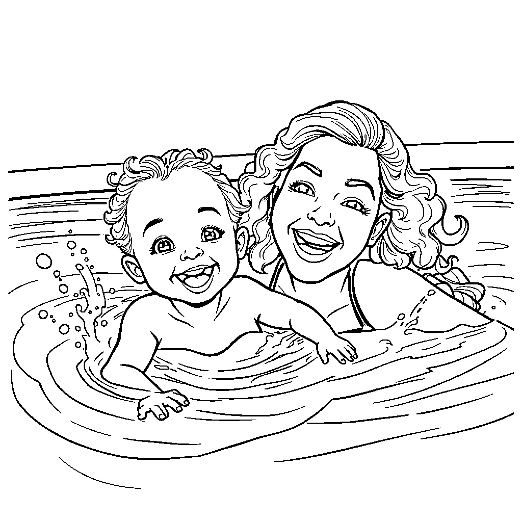 Ms Rachel playing happily with child in the water Coloring Page (free black-and-white line drawing printable PDF for all, from beginners to advanced learners, including children, teens, adults, and seniors)