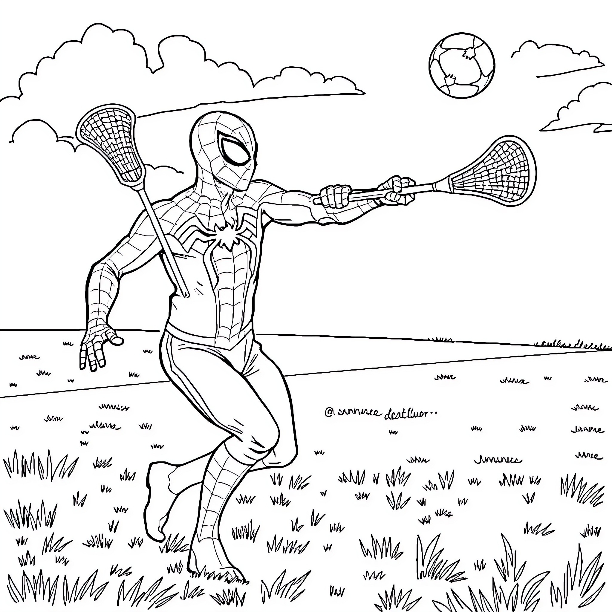Spiderman playing lacrosse in the park Coloring Page (free black-and-white line drawing printable PDF for all, from beginners to advanced learners, including children, teens, adults, and seniors)