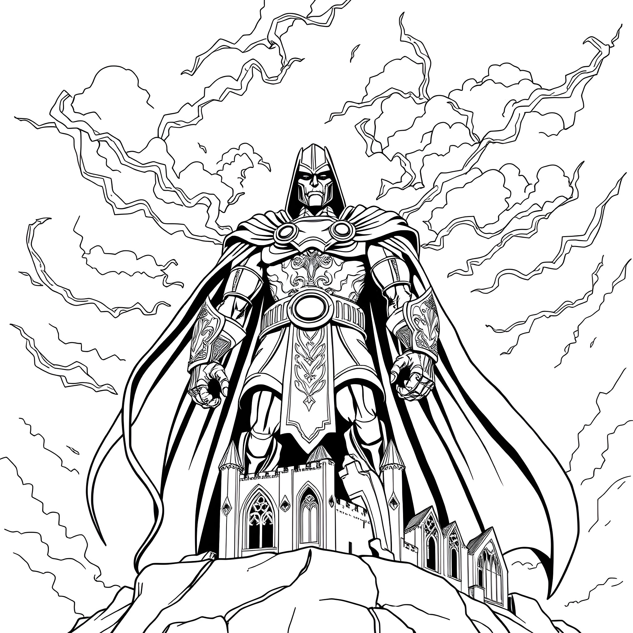 Doctor Doom in Dramatic Pose with Ominous Cloud Backdrop Coloring Page (free black-and-white line drawing printable PDF for all, from beginners to advanced learners, including children, teens, adults, and seniors)