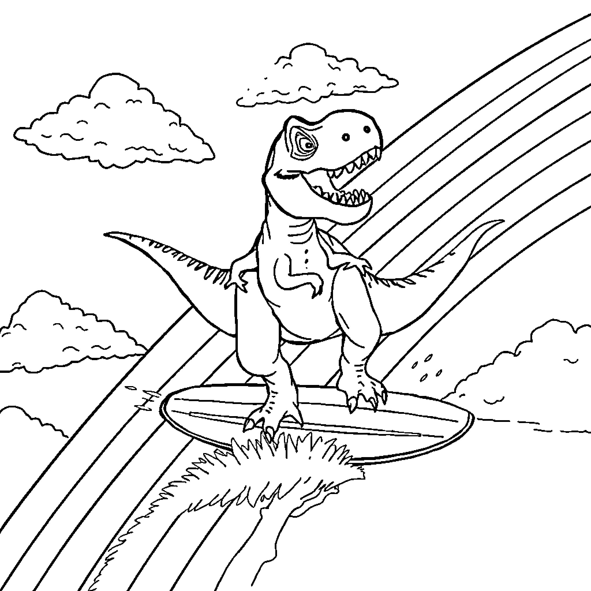T-Rex riding a surfboard in the sky Coloring Page (free black-and-white line drawing printable PDF for all, from beginners to advanced learners, including children, teens, adults, and seniors)