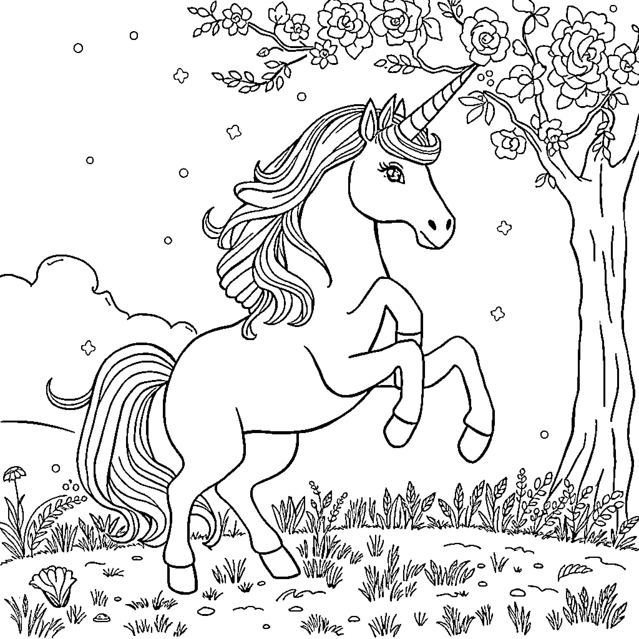 Unicorn galloping through a magical forest Coloring Page (free black-and-white line drawing printable PDF for all, from beginners to advanced learners, including children, teens, adults, and seniors)