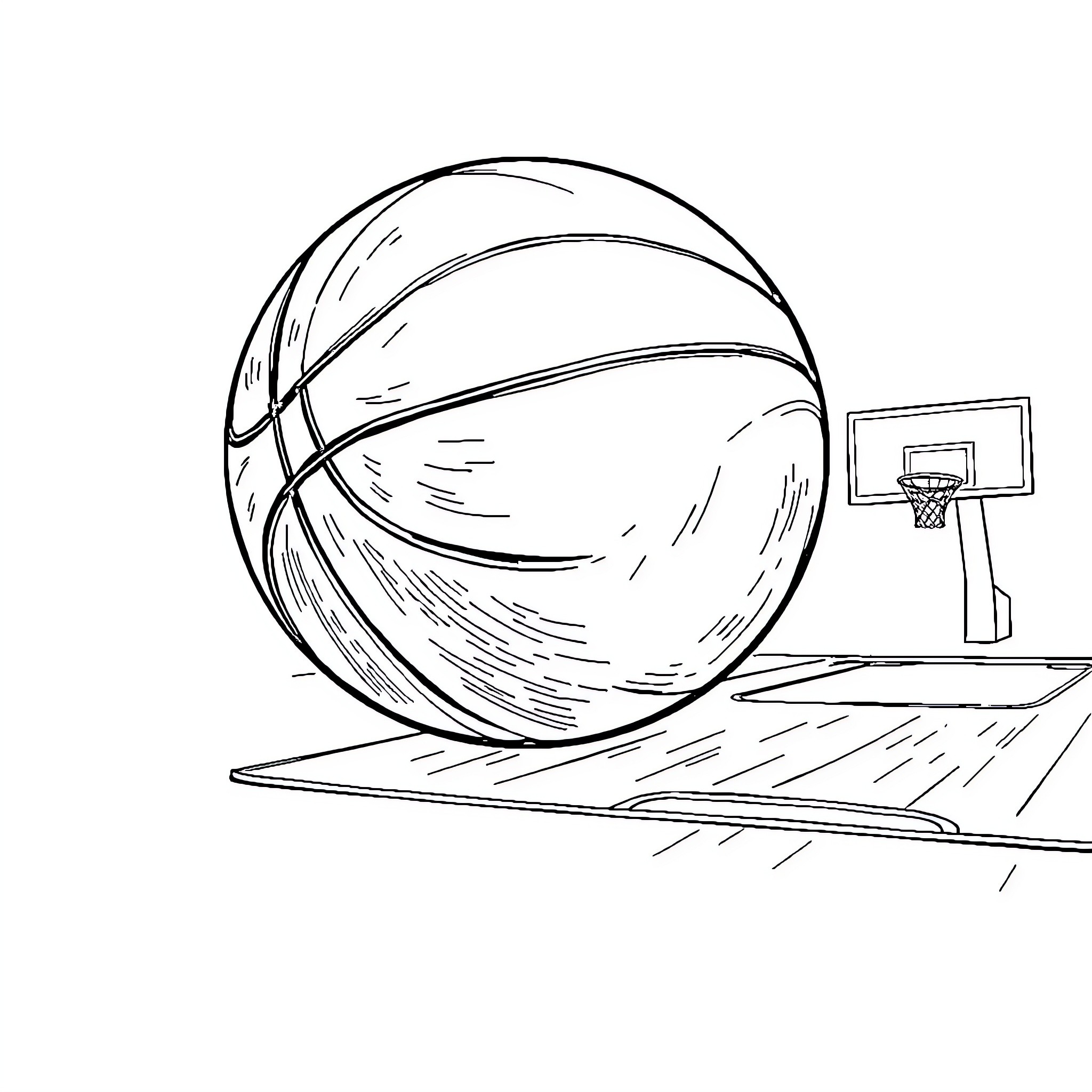 Basketball court with ball Coloring Page (free black-and-white line drawing printable PDF for all, from beginners to advanced learners, including children, teens, adults, and seniors)