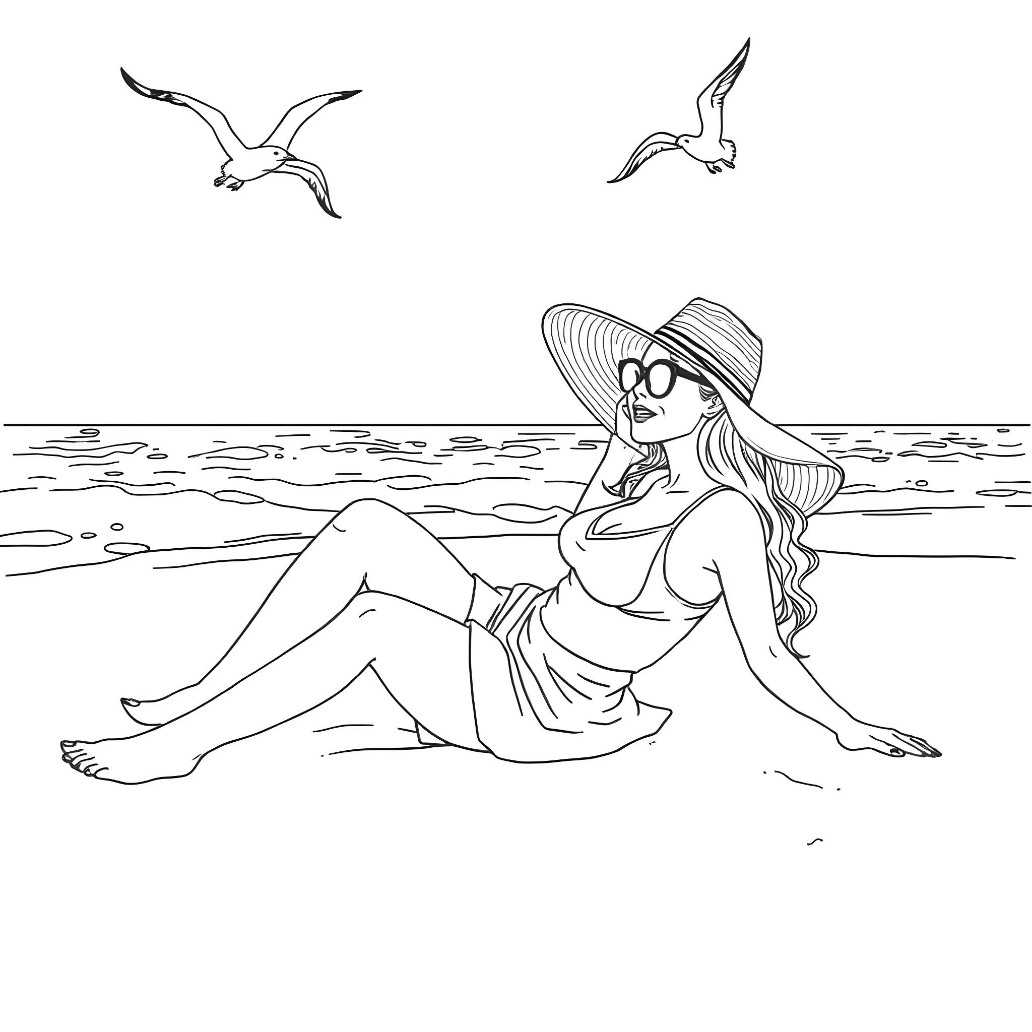 Woman relaxing on the beach Coloring Page (free black-and-white line drawing printable PDF for all, from beginners to advanced learners, including children, teens, adults, and seniors)