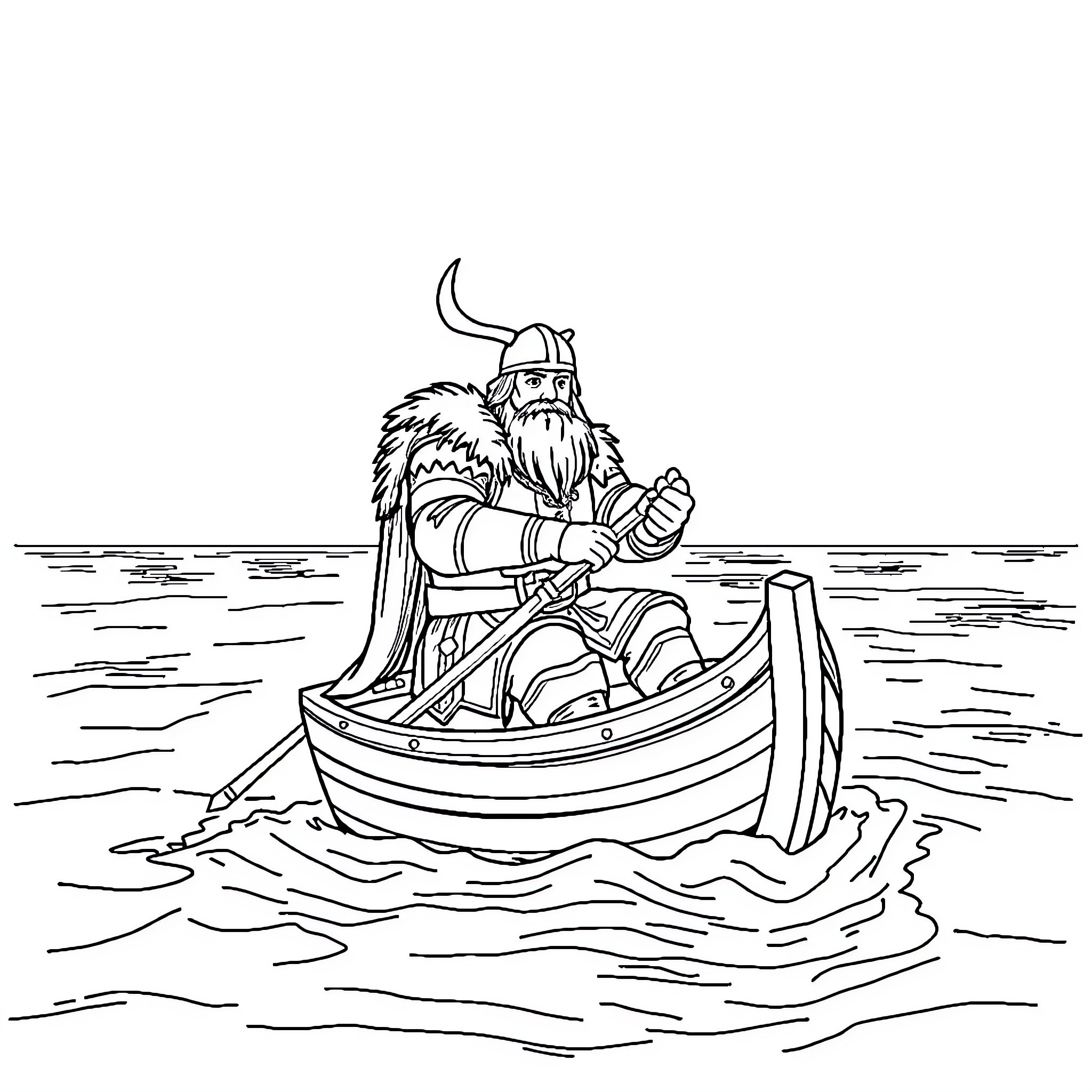 Viking Warrior Rowing Boat on Choppy Waves Coloring Page (free black-and-white line drawing printable PDF for all, from beginners to advanced learners, including children, teens, adults, and seniors)