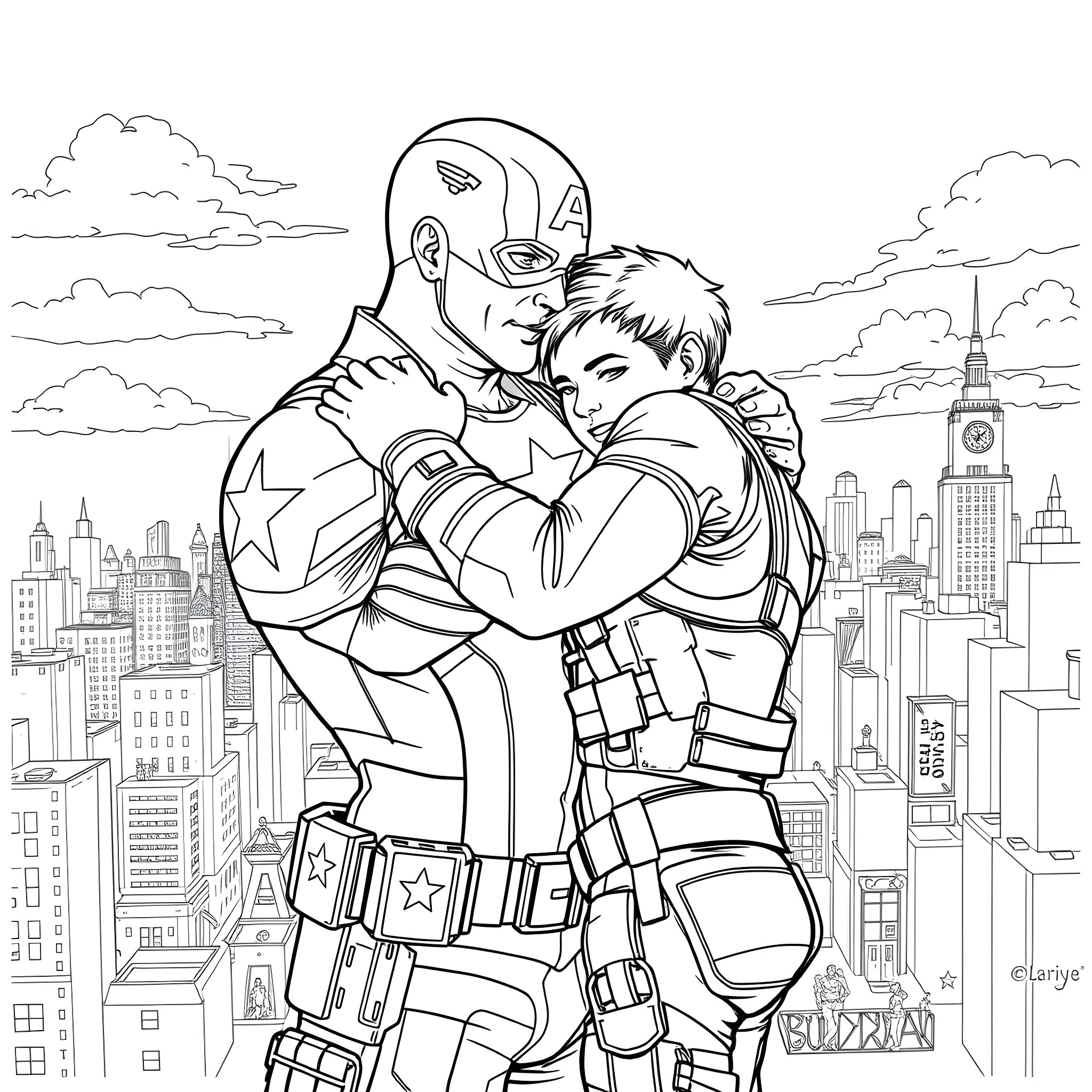 Captain America Embracing a Young Hero in the City Coloring Page (free black-and-white line drawing printable PDF for all, from beginners to advanced learners, including children, teens, adults, and seniors)