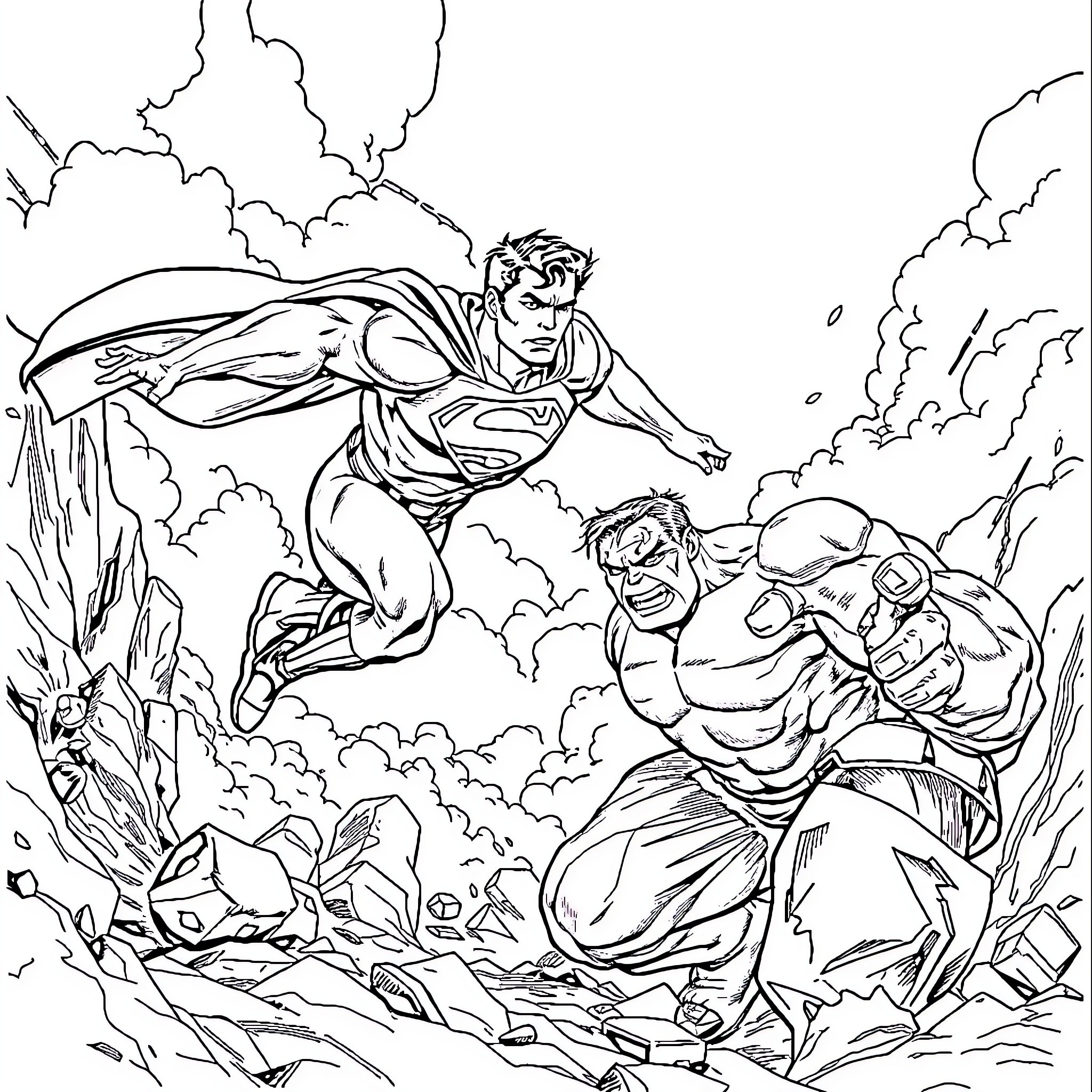 Superman heroically battling powerful foes in epic clash Coloring Page (free black-and-white line drawing printable PDF for all, from beginners to advanced learners, including children, teens, adults, and seniors)