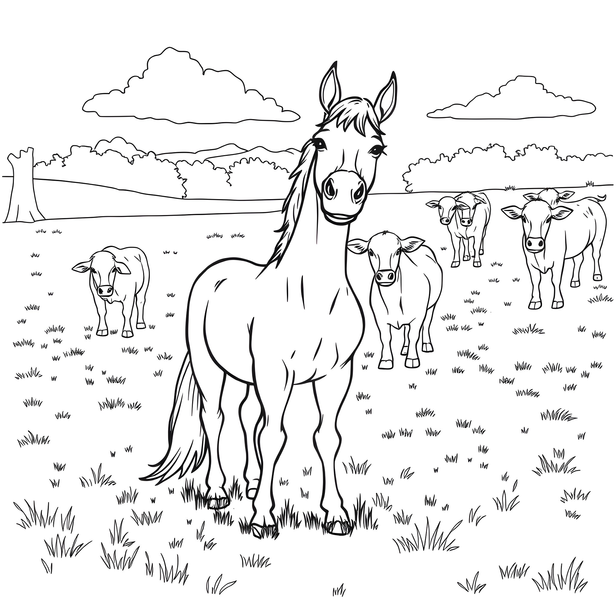 Horse standing among cows in a pastoral landscape Coloring Page (free black-and-white line drawing printable PDF for all, from beginners to advanced learners, including children, teens, adults, and seniors)